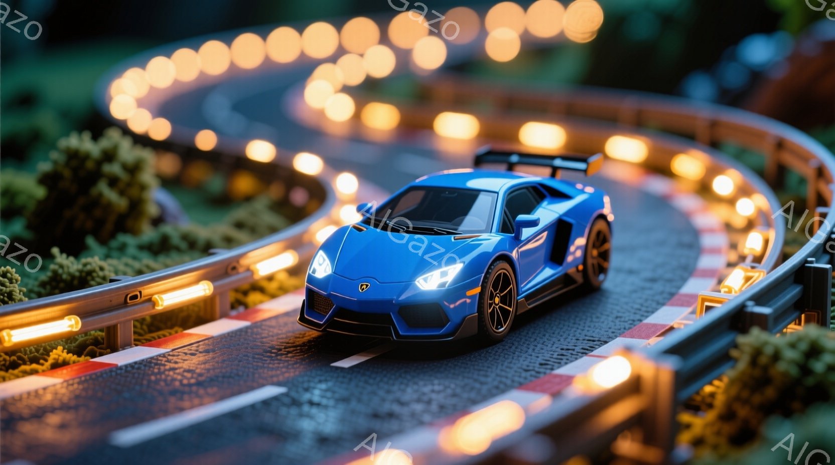 鮮やかな青色のランボルギーニが、ミニチュアのコースを疾走している様子が捉えられています。コースの周囲には、緑の植生とオレンジ色の照明が配置され、夜間のレースの雰囲気を醸し出しています。全体的に、精巧に作られたモデルカーと、その幻想的な背景が印象的な画像です。