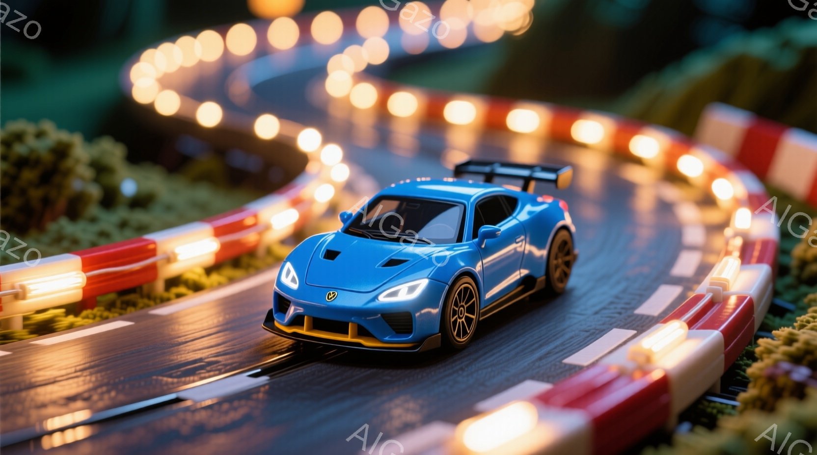 鮮やかな青色のスポーツカーが、ミニチュアのレーストラックを高速で走行している様子が捉えられています。トラックは白と赤の縁取りがあり、周囲には緑色の植物が配置され、夜間のレースを思わせる照明が点在しています。全体的にスピード感と躍動感があり、まるでミニチュアの世界での熱狂的なレースシーンを切り取ったようです。