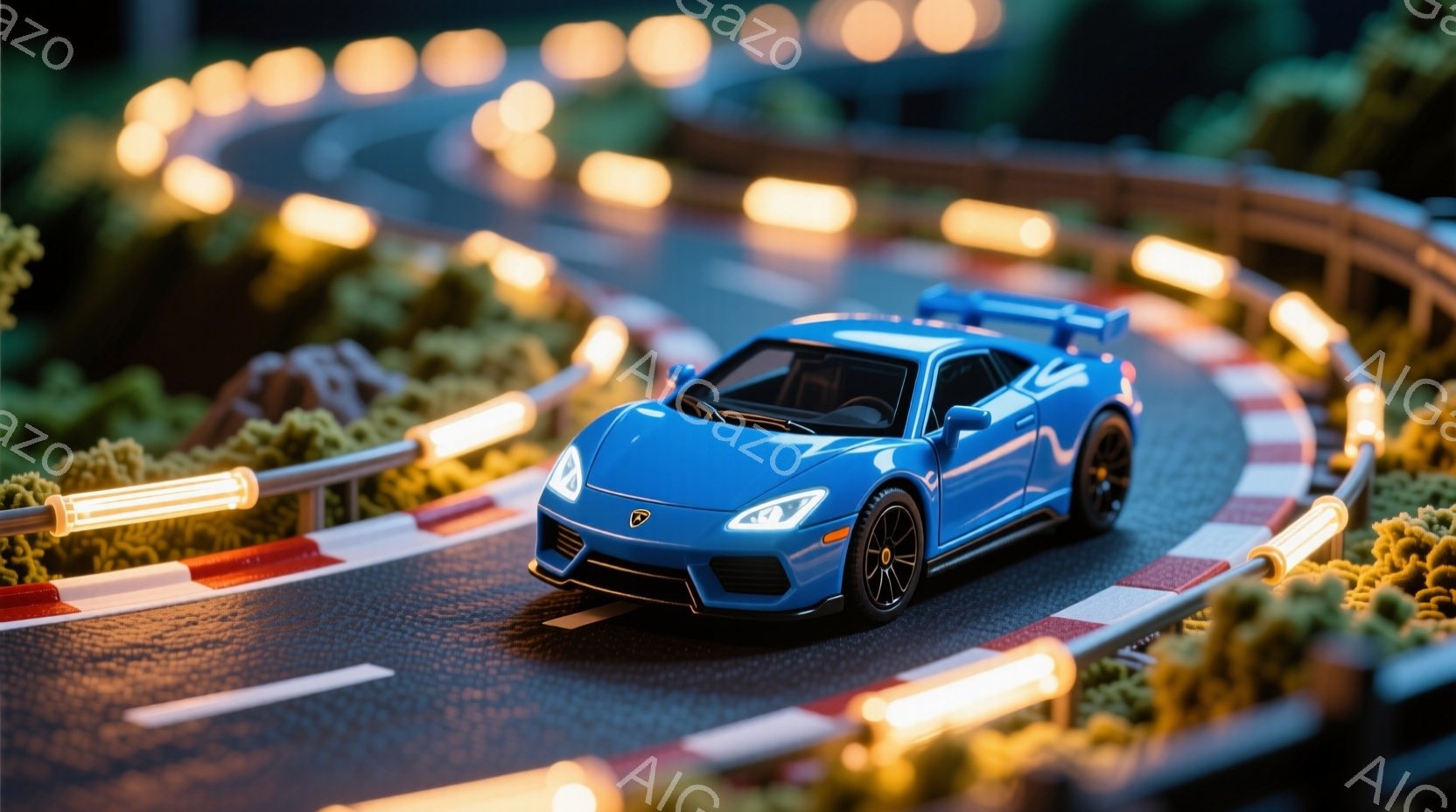 鮮やかな青色のランボルギーニが、ミニチュアのレーストラックを疾走している様子が描かれています。トラックは緑豊かな芝生とオレンジ色のガードレールに囲まれ、夜間の光がトラックの曲線に沿ってぼやけて輝いています。全体的に、模型のような世界観で、スピード感と幻想的な雰囲気が漂っています。