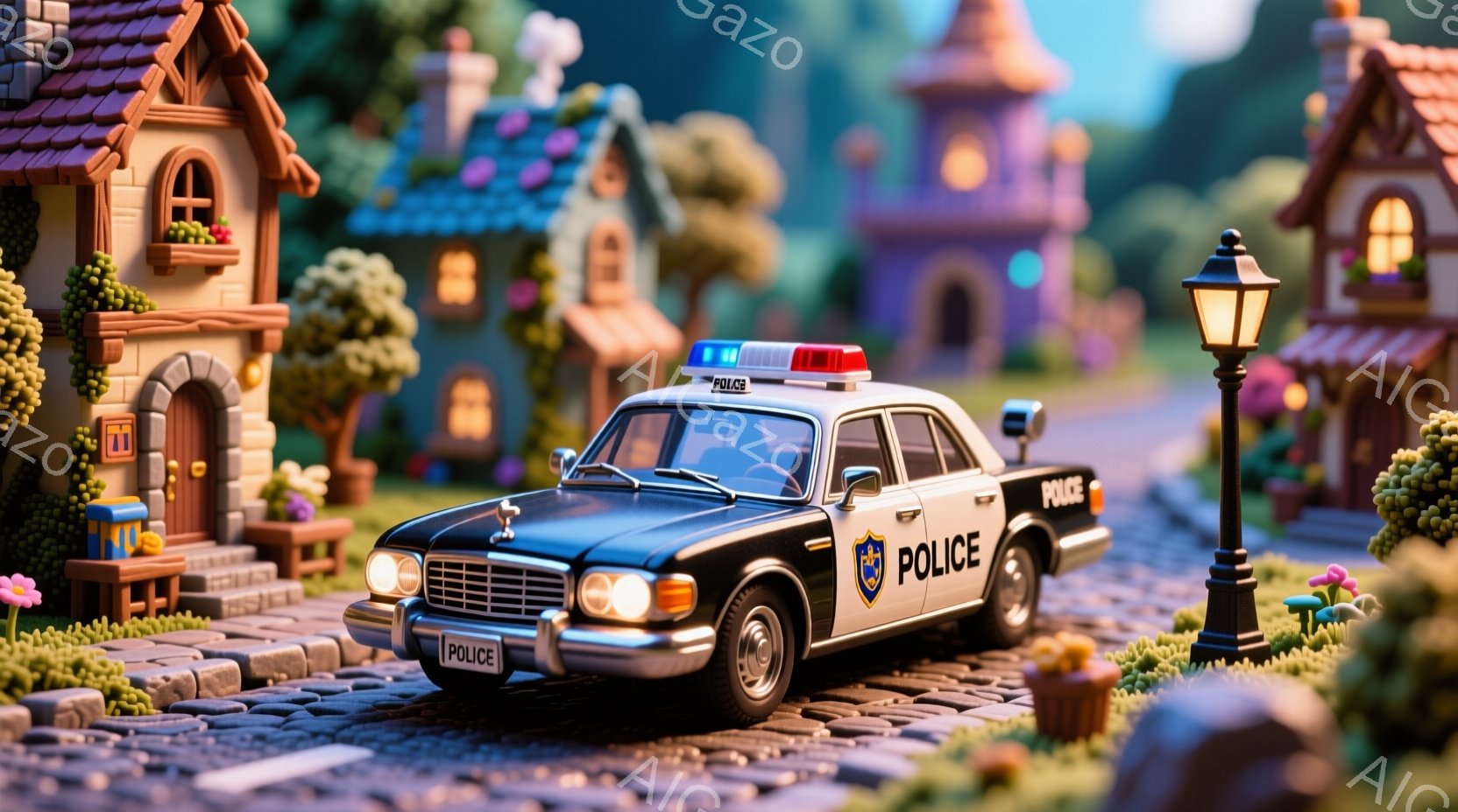 レンガ造りの道に停まっている黒いパトカーを描写しています。背景には、可愛らしい屋根と装飾が施されたカラフルな建物が並び、緑豊かな木々や花壇が点在しています。全体的に暖かく、おとぎ話のような雰囲気で、ミニチュアのような精巧な作りが特徴です。