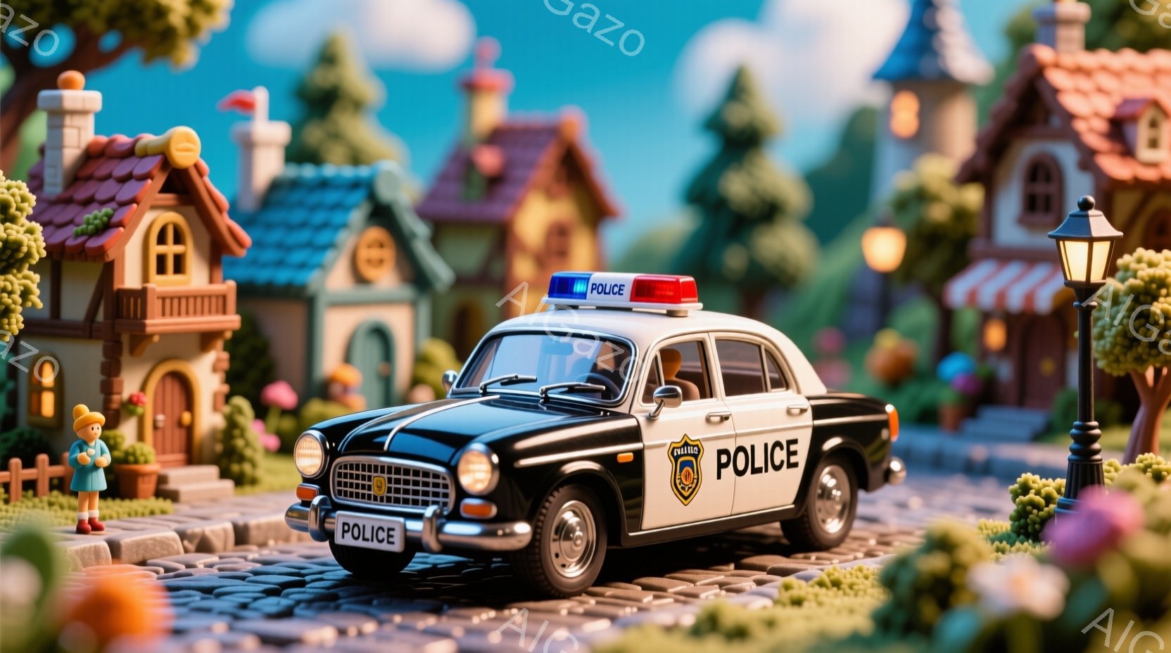 鮮やかな色彩で描かれた街並みに、黒いパトカーが佇んでいます。建物は可愛らしいデザインで、屋根は赤や紫など様々な色で彩られ、周囲には花が咲き乱れています。背景は晴れた空で、全体的に温かく、おとぎ話のような雰囲気です。