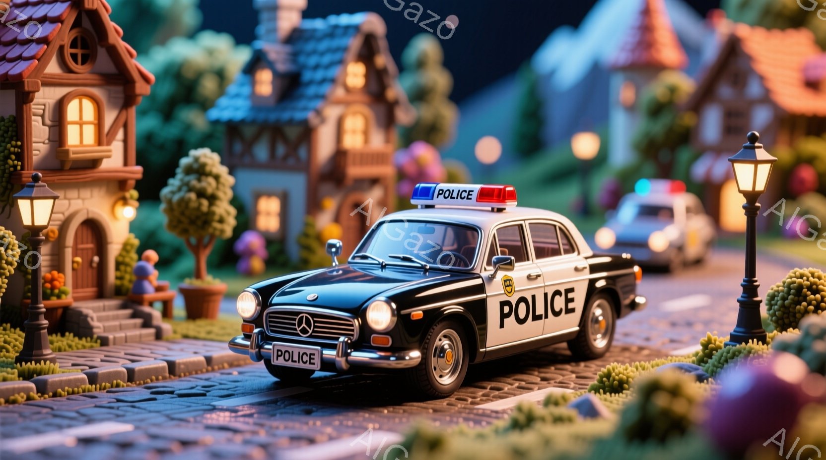ミニチュアのような街並みを背景にした黒い警察車両を描写しています。建物はカラフルで、庭には小さな植栽があり、全体的に可愛らしい雰囲気を醸し出しています。車両は「POLICE」と書かれた車体に、懐かしいデザインのメルセデス・ベンツのロゴが特徴的です。