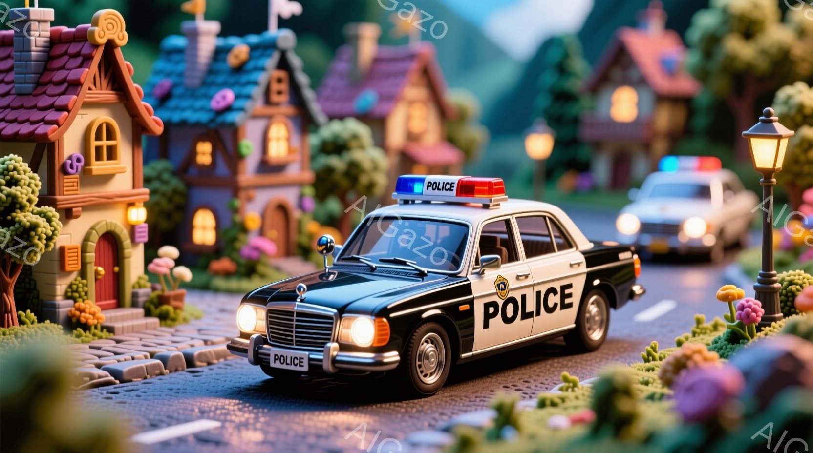 古風なミニチュアの街並みに、黒塗りの警察車両が佇んでいます。建物はカラフルで可愛らしいデザインで、自然豊かな風景が広がっています。夜の雰囲気で、街灯が暖かく照らし、車両の赤いライトがアクセントとなって - AI生成フリー素材
