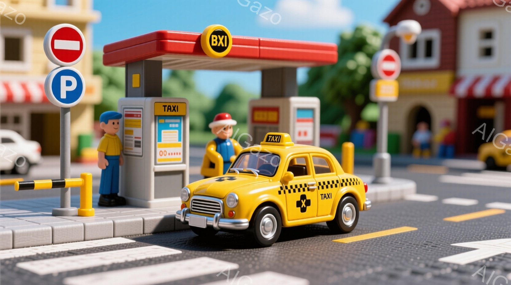 黄色のタクシーがガソリンスタンドに止まっています。スタンドには、赤い帽子と制服を着た二人の男性が立っており、片方はポーズを決めて、もう片方は何かを確認しているようです。背景には、白い建物、木々、そして道路標識が見え、晴れた日の穏やかな雰囲気が漂っています。