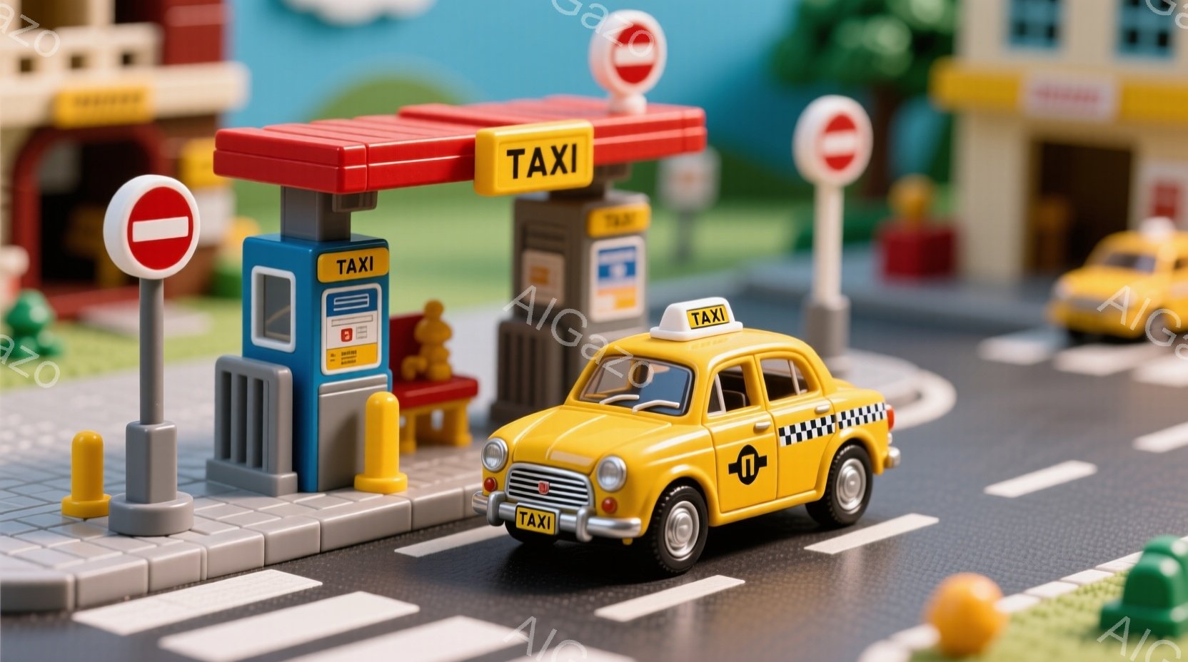 カラフルなブロックで作られたミニチュアの街並みを写しており、黄色いタクシーが道路上に止まっています。背景には、赤と茶色の建物、横断歩道、そして「立ち入り禁止」の標識が見え、ブロックで作られた柱や標識が - AI生成フリー素材