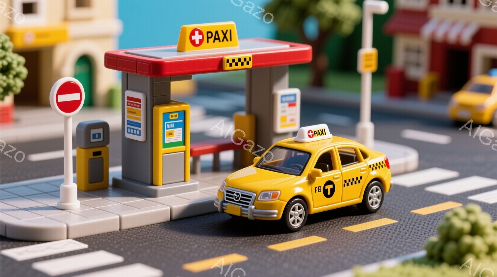 明るい黄色のタクシーがガソリンスタンドに停まっています。スタンドは、赤い屋根と「PAXI」というロゴが特徴的で、背景には白い建物と緑の植物が見えます。全体的に、ミニチュアのような可愛らしい雰囲気で、晴れた日の穏やかな情景が表現されています。