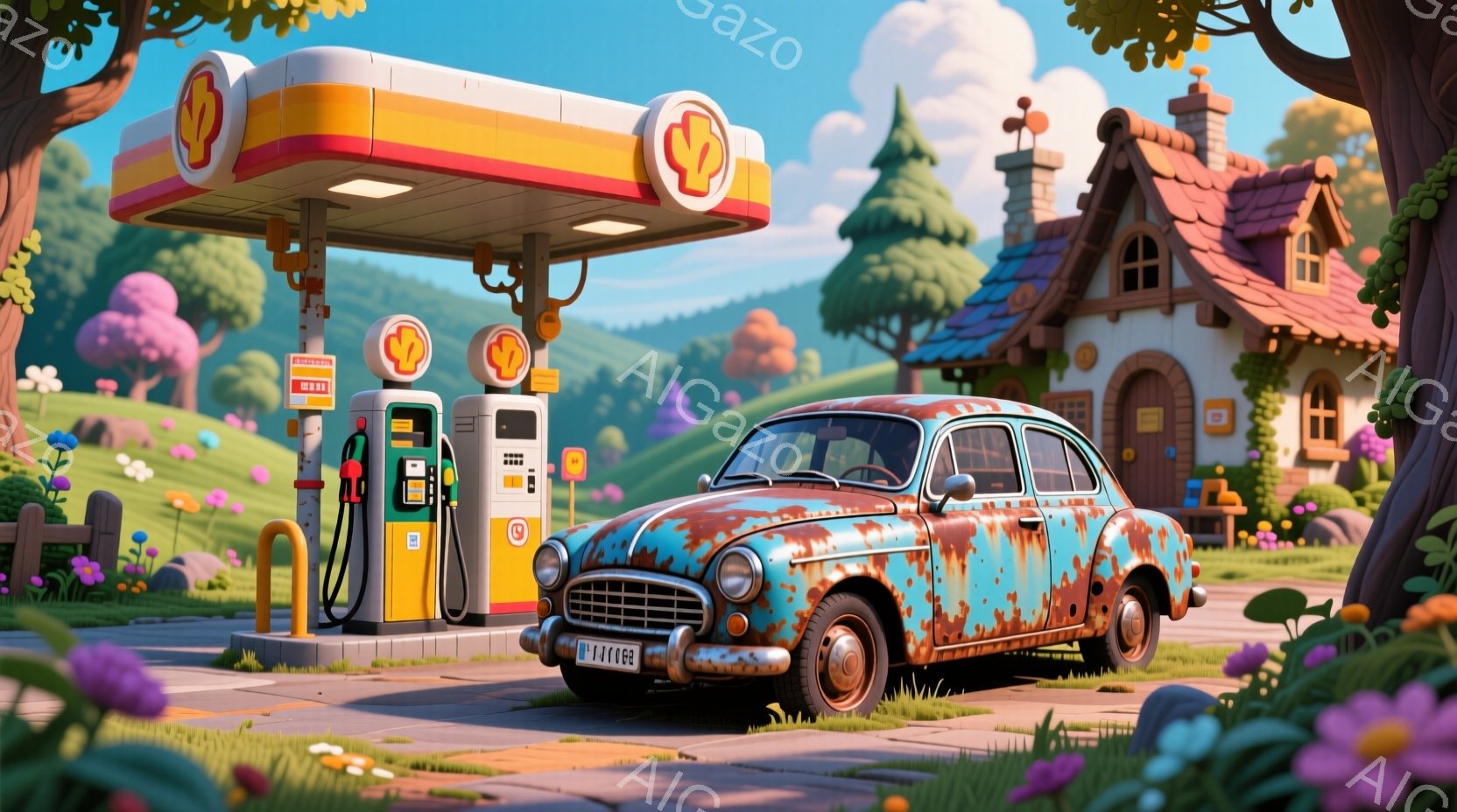 古びたセダン車が、カラフルなガソリンスタンドの前に停まっています。背景には可愛らしい屋根の家と、緑の丘、そして明るい青空が広がっています。全体的に、ファンタジーとレトロが融合した、温かくノスタルジックな雰囲気です。