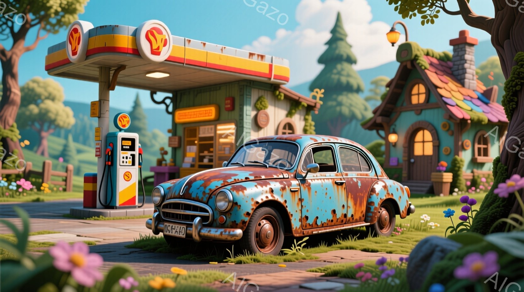 古びた水色の車が、レトロなガソリンスタンドに停まっています。背景には、カラフルな屋根の可愛らしい家々が並び、緑豊かな自然に囲まれています。全体的に温かく、ノスタルジックな雰囲気が漂い、まるで絵本の世界のようです。