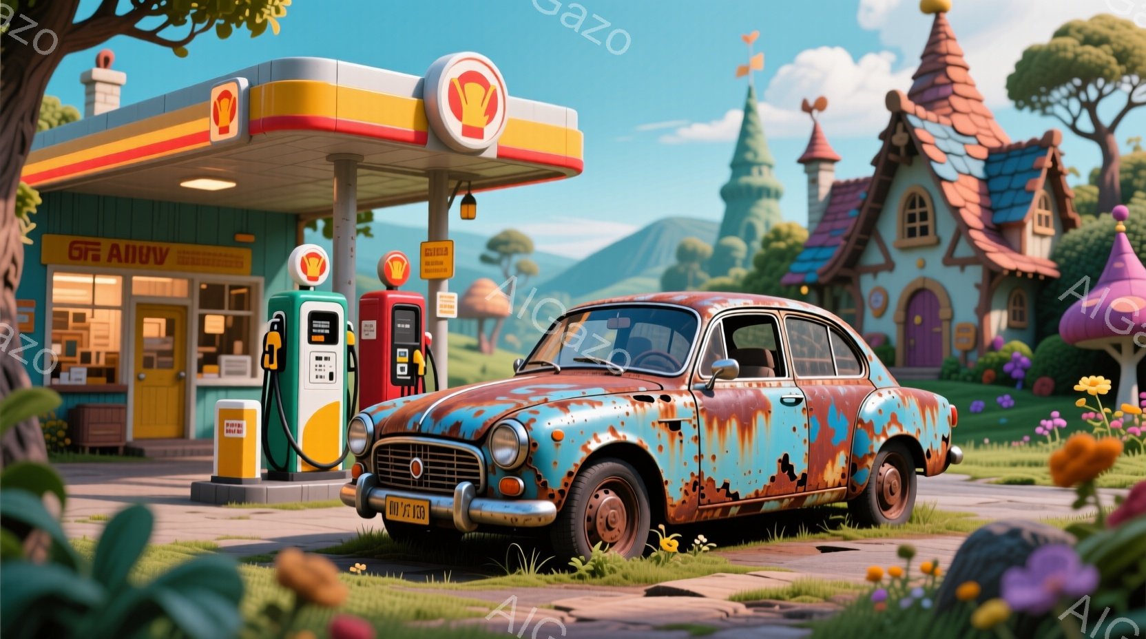 古びた青色の自動車が、カラフルなガソリンスタンドの前に停まっています。スタンドは可愛らしいデザインで、背景にはおとぎ話に出てくるような建物と緑豊かな自然が広がっています。全体的に、ノスタルジックで温かみのある雰囲気です。