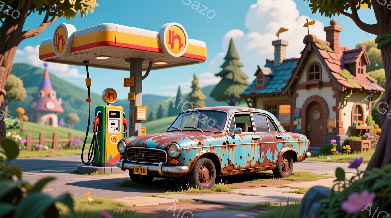 さび付いた古いセダンが、趣のあるガソリンスタンドに止まっています。背景には、カラフルな屋根の可愛らしい家々と、緑豊かな丘、そして青空が広がっています。全体的に、ノスタルジックで絵本のような温かい雰囲気が漂っています。