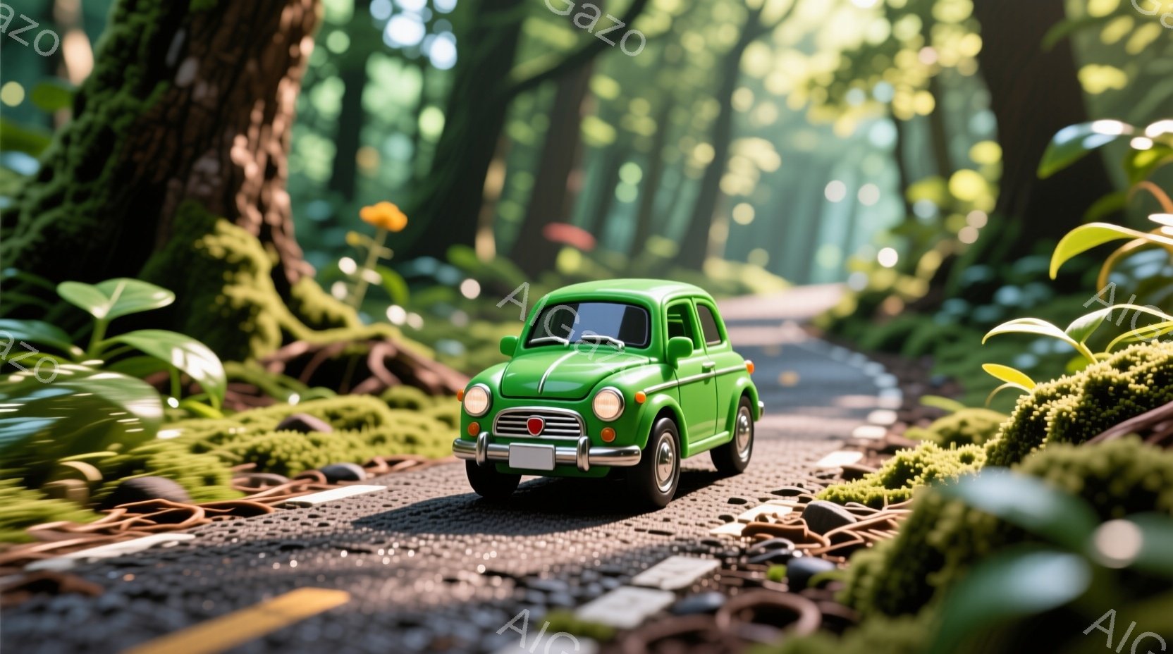 緑色のクラシックカーが、苔むした森の中の曲がりくねった小道の中央を走っている。周囲には緑豊かな植物が生い茂り、木々が影を落としているため、神秘的で静かな雰囲気が漂っている。太陽光が葉の間から差し込み、柔らかい光が小道と車を照らしている。