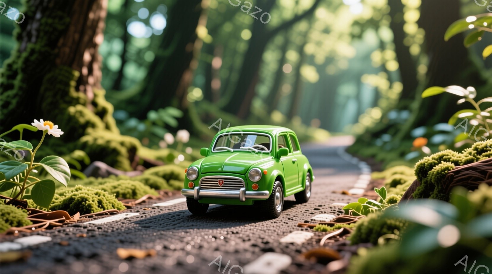 緑色のクラシックカーが、苔むした岩や緑豊かな植物に囲まれた舗装された道を進んでいます。背景は木々が生い茂る森で、太陽光が木々の間から差し込み、幻想的な雰囲気を醸し出しています。全体的に、自然と調和したレトロな魅力が感じられる、穏やかで平和な光景です。