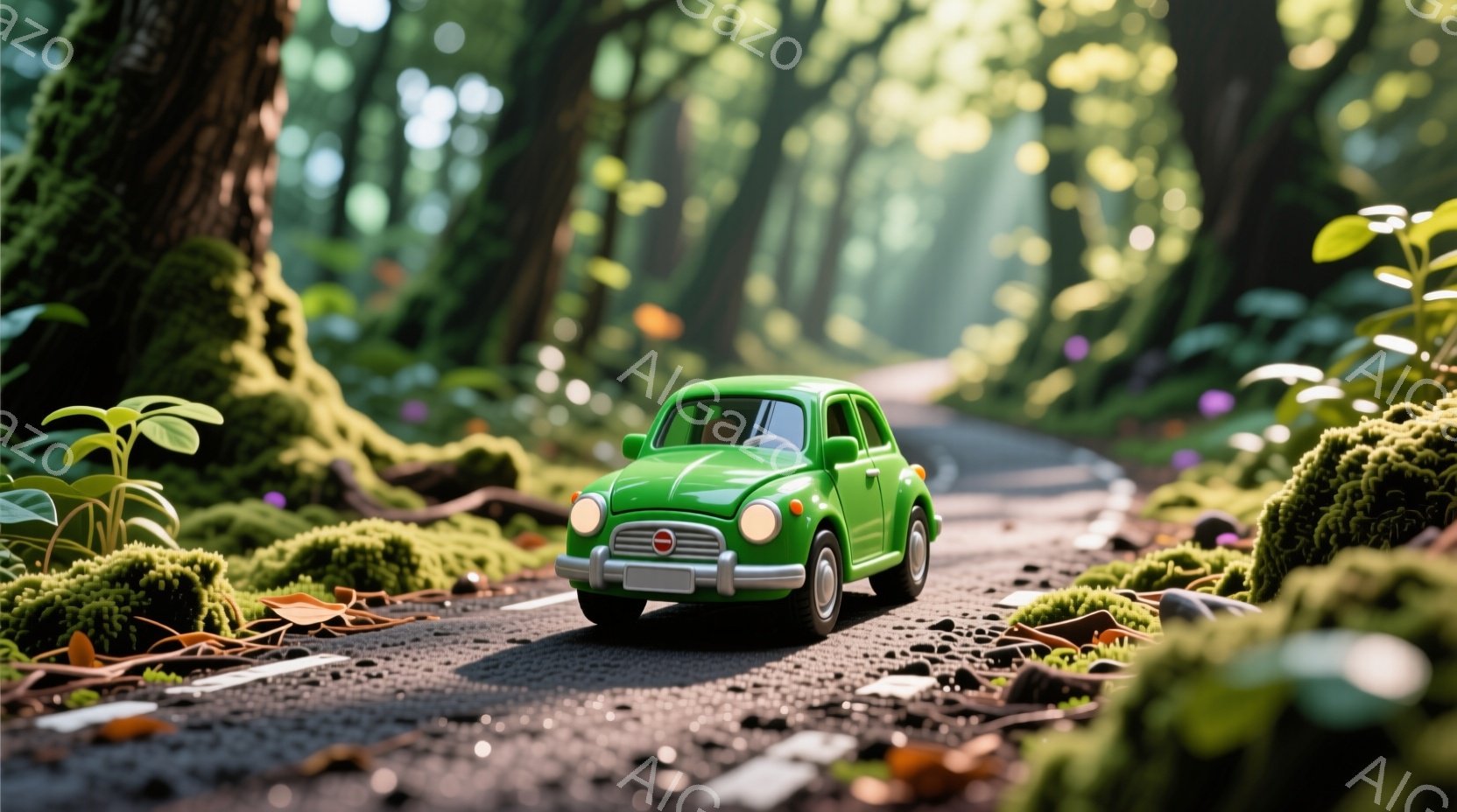 緑色のクラシックカーが、苔むした森林の中の舗装された道を進んでいます。周囲には緑豊かな植生が茂り、太陽光が木々の間から差し込み、幻想的な雰囲気を醸し出しています。暖かく穏やかな光が、自然の静けさと平和な雰囲気を強調しています。