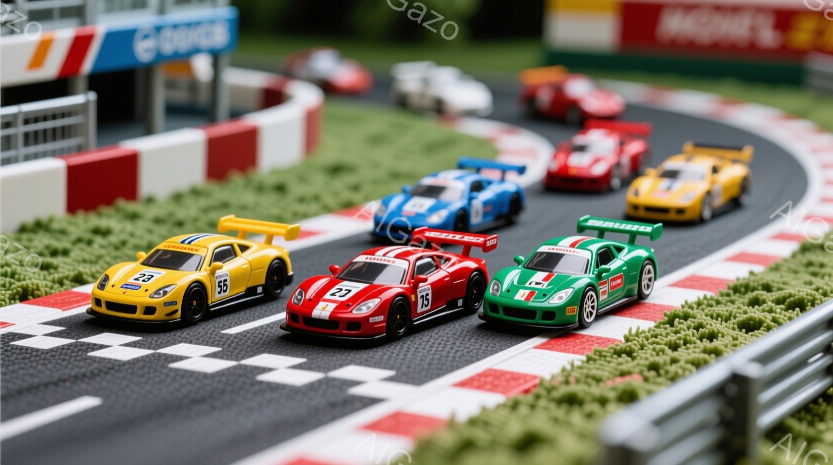 ミニチュアのレーシングカーがコースを走行している様子を捉えています。鮮やかな黄、赤、緑の車が並び、コースの緑色の芝生と白い縁取り、そしてオレンジ色のバリアで構成された背景が印象的です。全体的に、おもちゃのレースコースの活気とスピード感が伝わってきます。