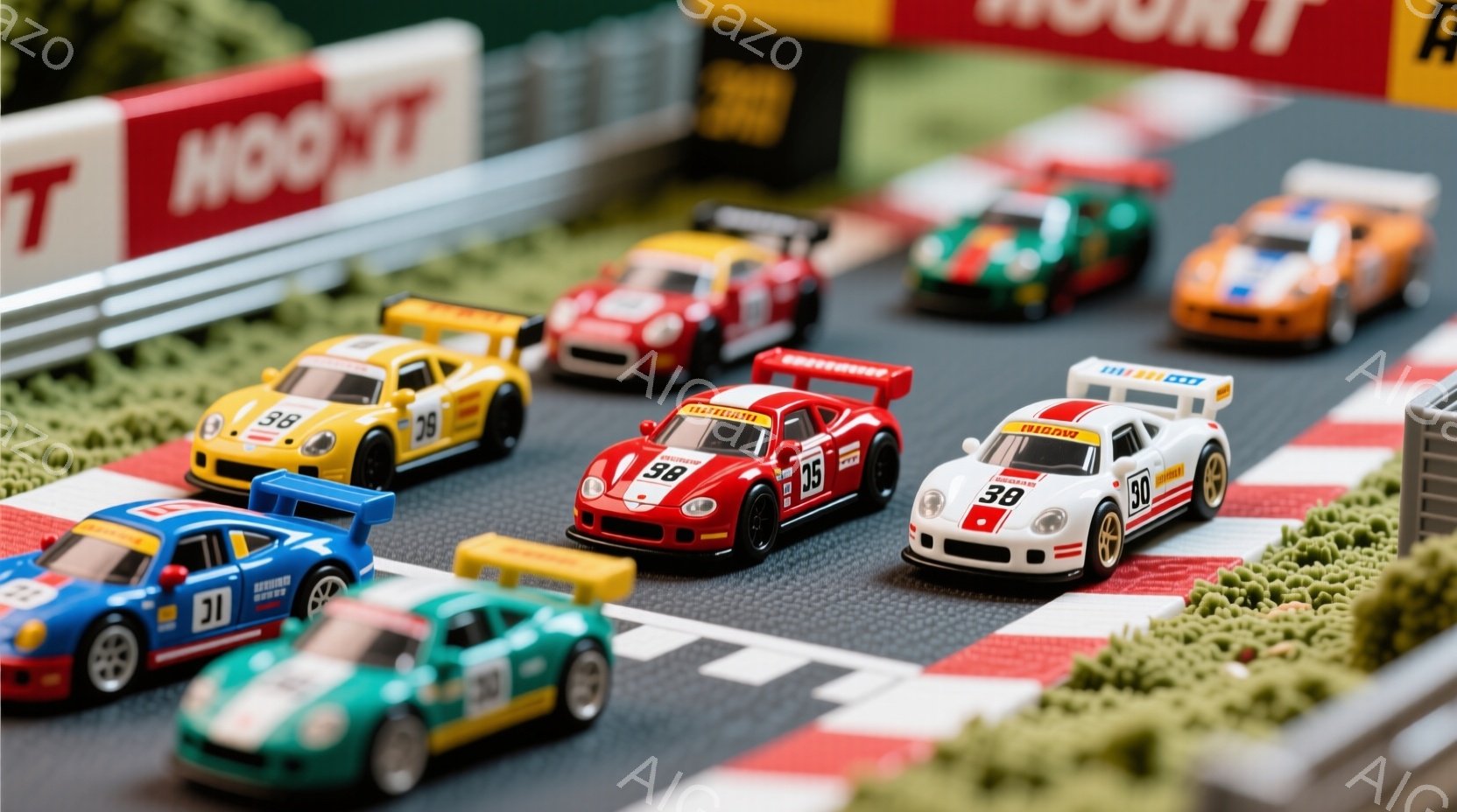 ミニチュアのレーシングカーが、緑色の芝生に囲まれたレーシングトラックを疾走している様子が写っている。赤、白、青、緑、オレンジなど様々な色の車が並び、スピード感と競い合いを表現している。背景には、トラックを囲むフェンスと芝生が見え、カラフルな車体が鮮やかに映えている。