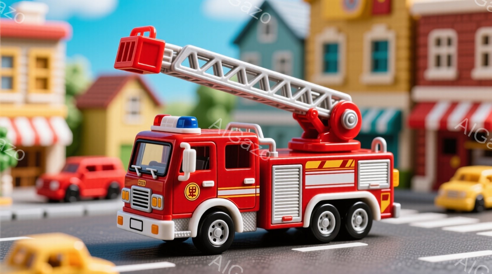赤い消防車がアスファルトの道路上に止まっています。背景にはカラフルな建物が並び、玩具のような街並みが広がっています。全体的に明るく、子供向けのイラストレーションのような雰囲気です。