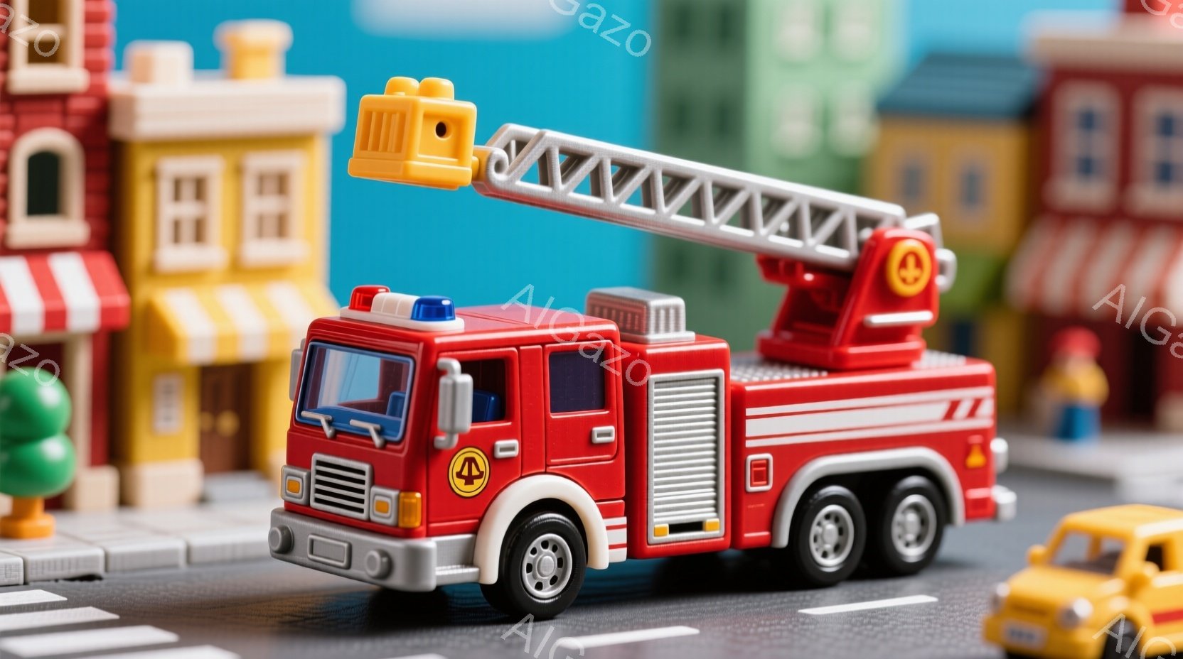 赤色の消防車が、おもちゃの街並みの道路上にあります。建物はカラフルで、緑の木々も点在しており、背景は明るく、おもちゃのような可愛らしい雰囲気です。消防車は道路の横断歩道上に位置し、街の安全を見守っているかのようです。