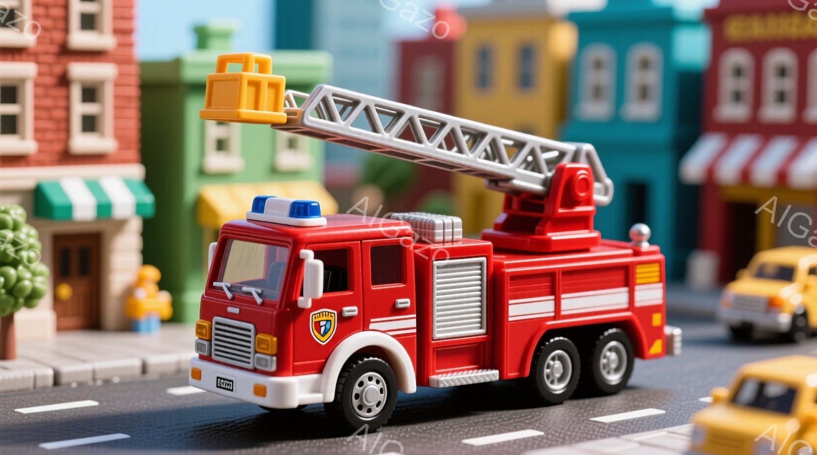 レゴのファイアーエンジンを使用したミニチュアリストの作品です。 中央に赤と白のファイアーエンジンが配置されており、その上部には金色のレスキューベックが取り付けられています。 ファイアーエンジンの前面には、運転手の席にシートベルトが装着されていることが見えます。 ファイアーエンジンは右側のレスキューベックから伸びた照明器を保持しており、それは鋭利な形状で特徴的なデザインがあることが見えます。 背景には、レゴの町が展示されており、色鮮やかな建物、車両、樹木などがあります。 全体として、熱い印象を与える赤色のファイアーエンジンを中心に展示されたレゴシーンです。
