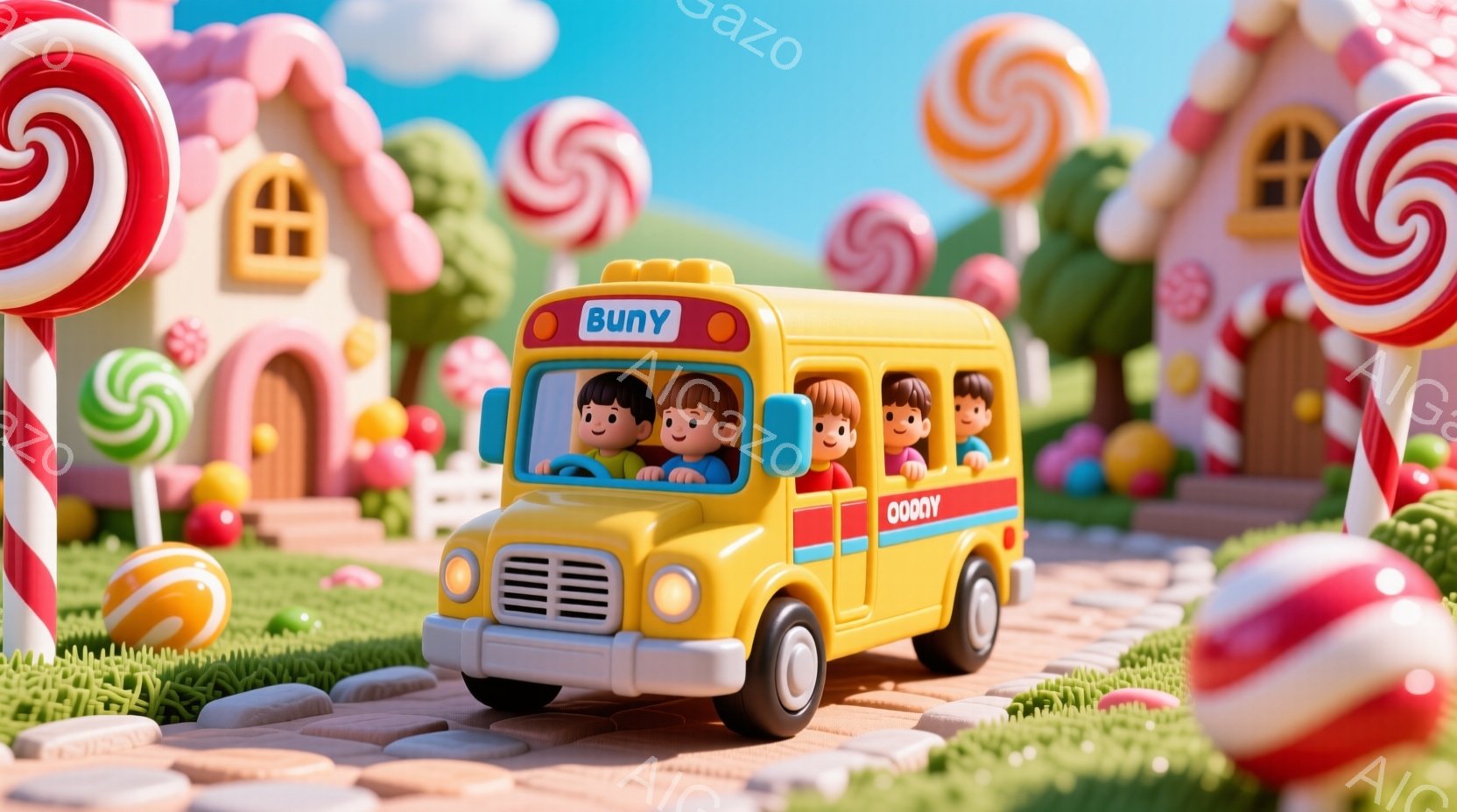 明るい黄色のスクールバスが、キャンディやグミで飾られたおとぎの国を走っている。バスの中には、それぞれ異なる髪型と服装をした子供たちが笑顔で乗っており、楽しげな雰囲気だ。背景には、カラフルな家々や巨大なキャンディが立ち並び、まるで夢のような世界が広がっている。