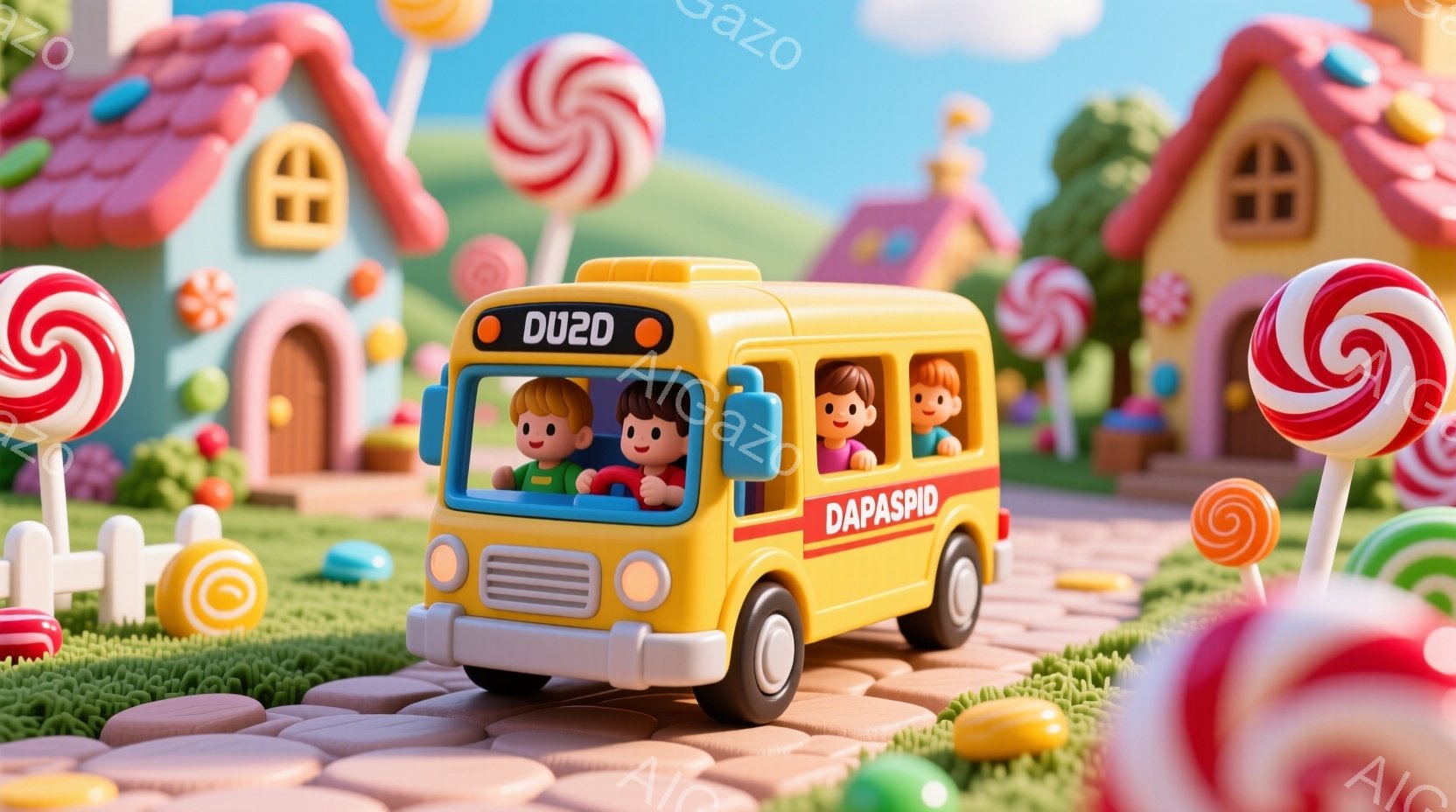 カラフルなキャンディランドを背景に、黄色いスクールバスが描かれています。バスの中には、緑色の服を着た少年とピンク色の服を着た少女が座っており、楽しそうな表情をしています。背景には、キャンディやクッキー - AI生成フリー素材