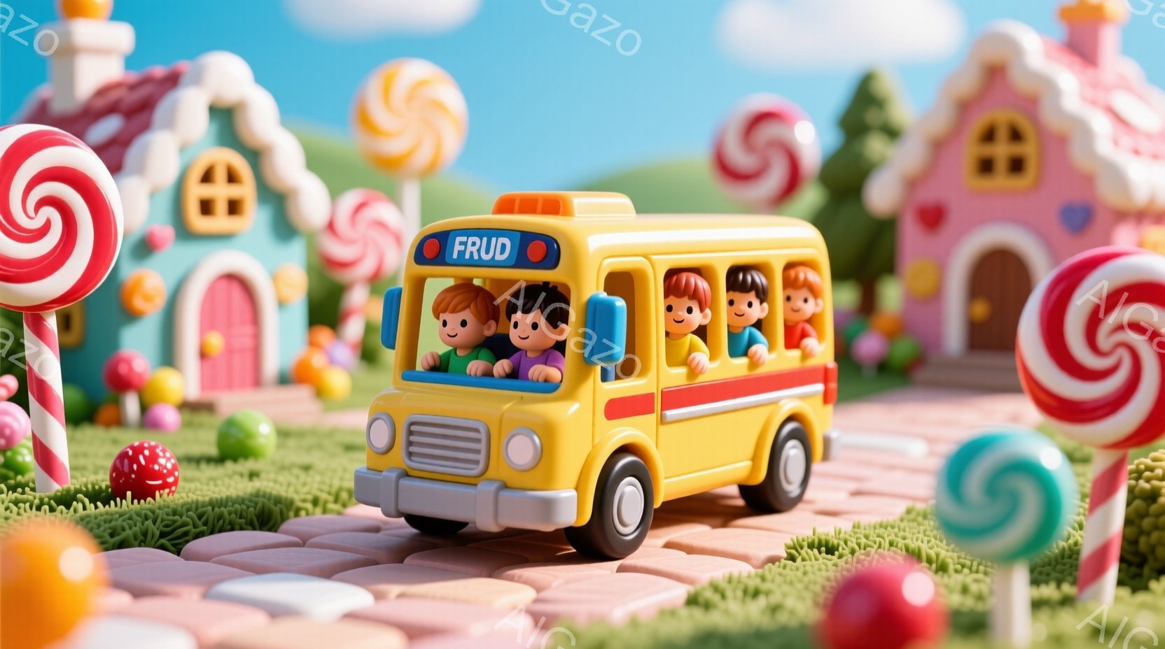 ミニチュアのような美しい景色を表すと考えられます。中心には、楽しそうな顔をした人物が乗っている緑色のバスがあります。バスの前窓から、運転手が険しい表情で見つめるように描写されています。その周りには、カラフルな建物や植物があり、暖かく晴れた日の気候を呈しています。画像全体として、甘く楽しい雰囲気が感じられます。