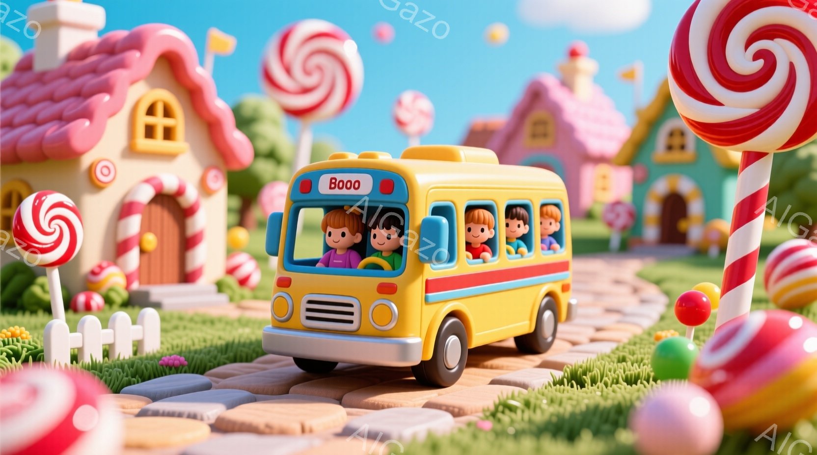 カラフルで可愛らしい世界観のイラストです。黄色いスクールバスには、赤いシャツを着た女の子、青いシャツを着た男の子たちが乗っており、皆笑顔で楽しんでいます。背景にはキャンディのような建物や、棒付きキャン - AI生成フリー素材