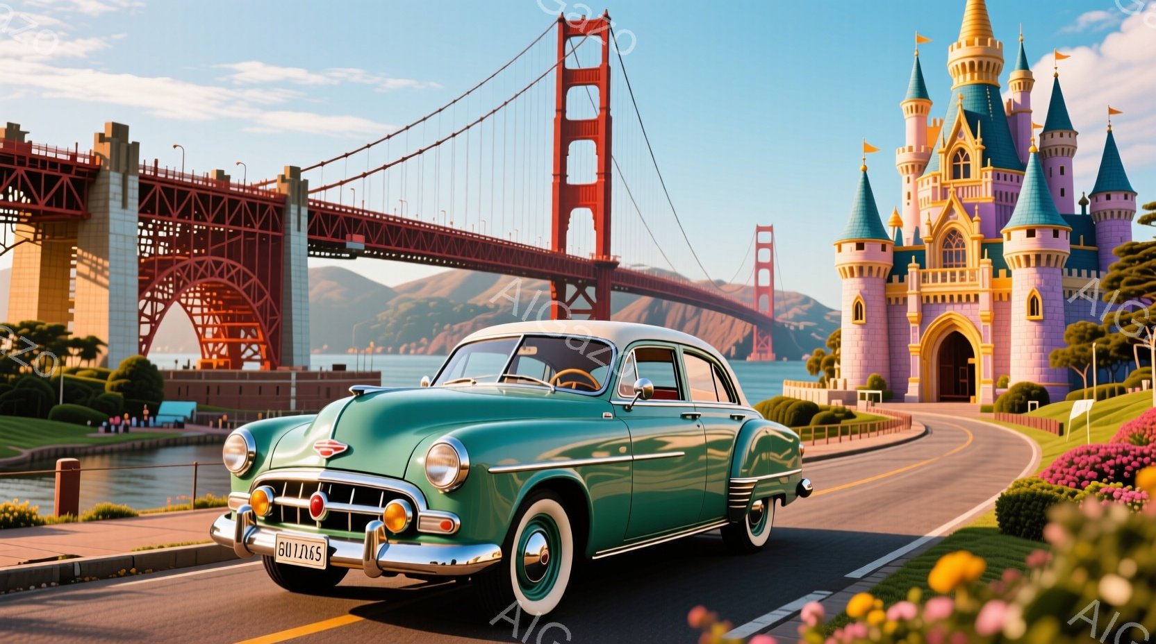 鮮やかな緑色のクラシックカーが、ゴールデンゲートブリッジを背景にした道路を走っている。背景には、おとぎ話のような城がそびえ立ち、青空と穏やかな水面が広がり、明るく夢のような雰囲気を作り出している。道路脇にはカラフルな花が咲き乱れ、春の陽気な一日を思わせる。