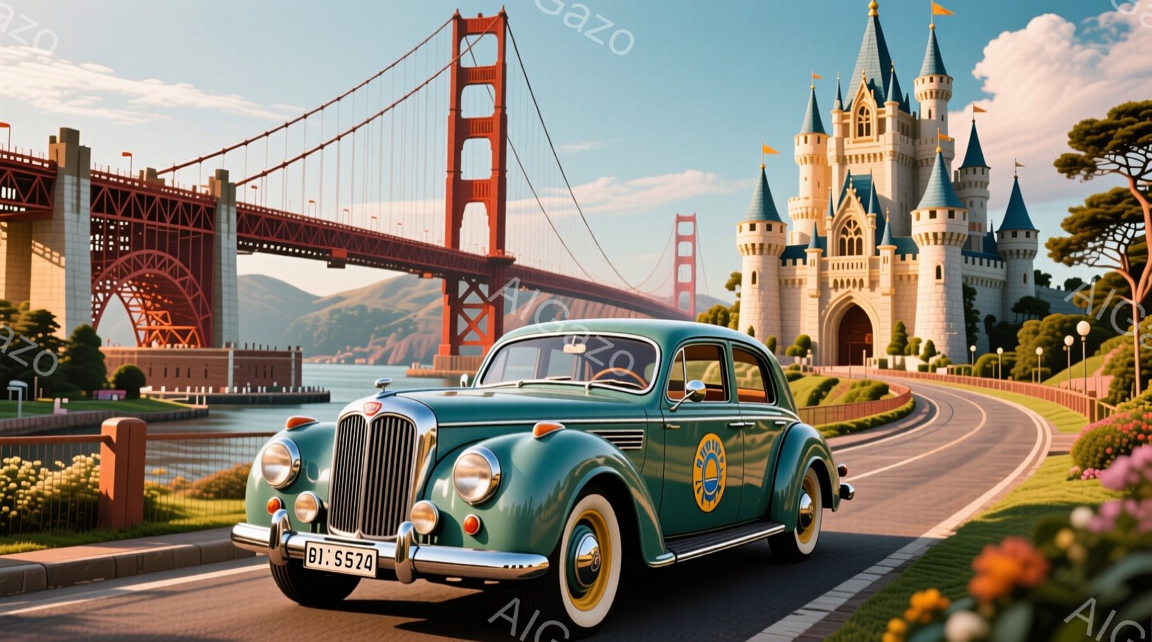 深緑色のクラシックカーが、ゴールデンゲートブリッジを背景に曲がりくねった道を進んでいます。背景には、おとぎ話のような白いお城がそびえ立ち、鮮やかな花々が咲き乱れる春の穏やかな日差しが差し込んでいます。全体的に夢のような、ノスタルジックな雰囲気を醸し出しています。