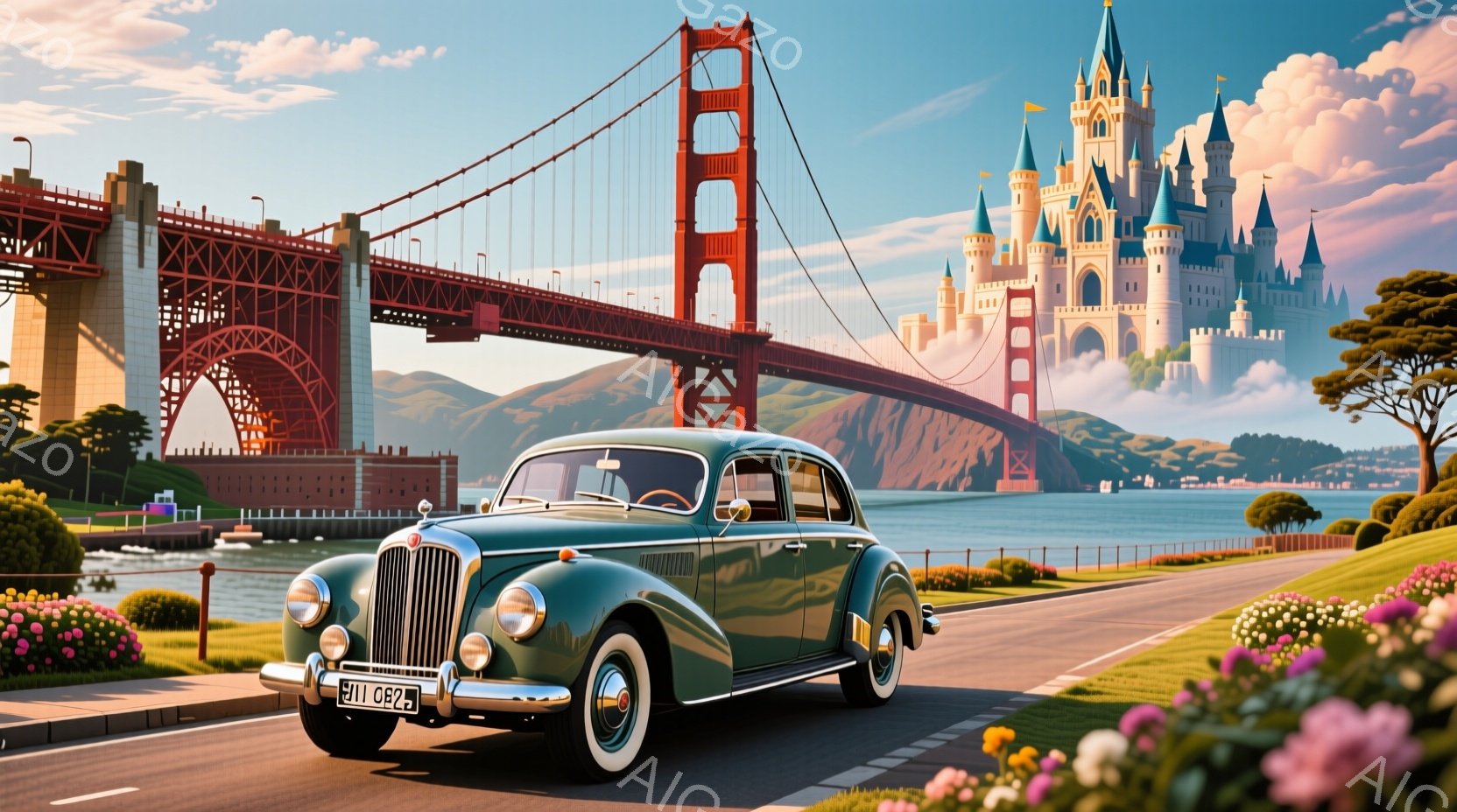 古い緑色の自動車が、ゴールデンゲートブリッジを背景に道路を走っている。背景には、青い塔が特徴的なお城が見え、遠くには穏やかな海が広がっている。全体的に明るく、夢のような、ファンタジーと現実が融合した雰囲気である。