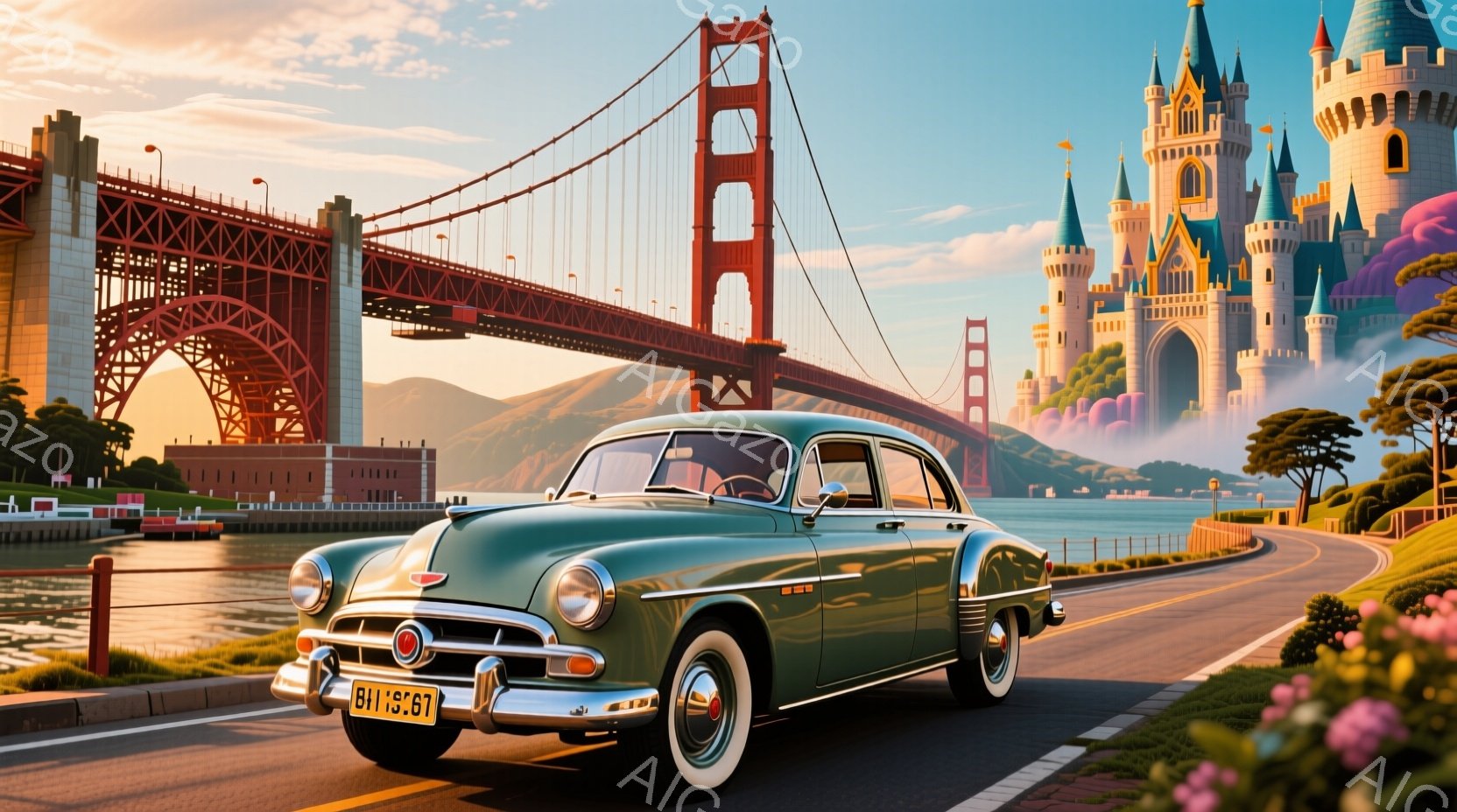 古い緑色の車が、サンフランシスコの有名なゴールデンゲートブリッジを背景に、曲がりくねった道路を走っている。背景には、おとぎ話のような城が霞の中に浮かび、鮮やかなピンク色の花々が道路脇を彩っている。全体的に、夢幻的でノスタルジックな雰囲気を醸し出している。