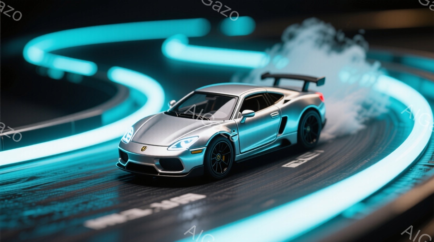 銀色のスポーツカーが、ネオンブルーの光るコース上をドリフトしている様子が捉えられています。タイヤからは煙が上がり、スピード感を強調しています。背景は暗く、光るコースが未来的な雰囲気を醸し出しています。