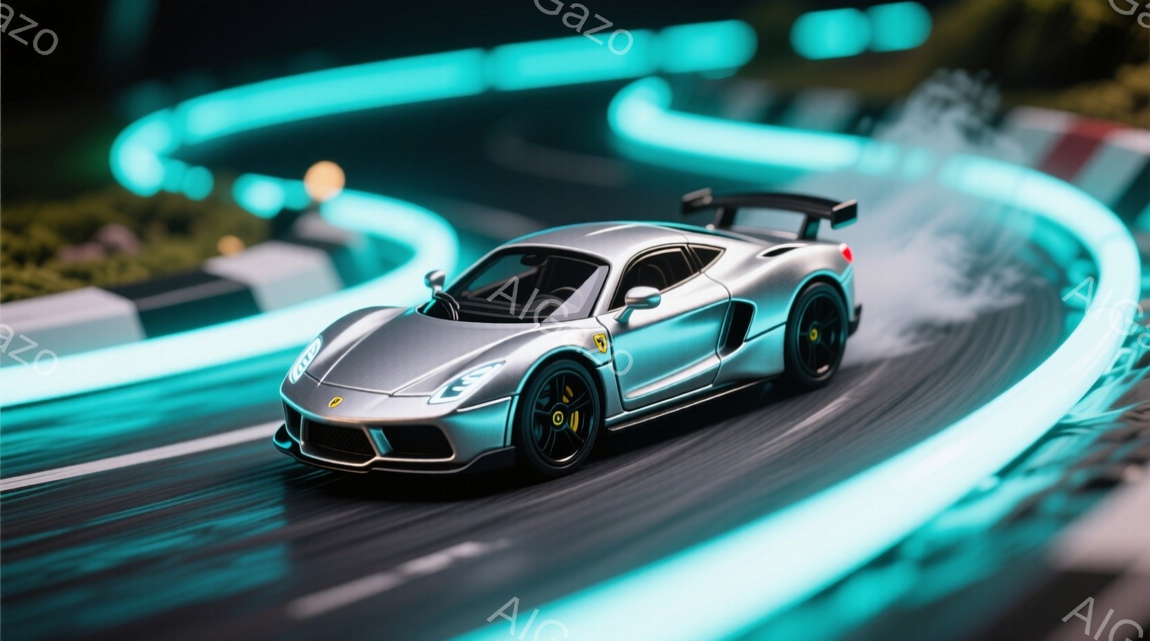 光沢のあるシルバーのスポーツカーが、青と白の光るレーシングトラック上を高速で走行している。車両は未来的なデザインで、黒のホイールとエアロパーツが特徴的であり、スピード感を強調している。背景はぼやけてお - AI生成フリー素材