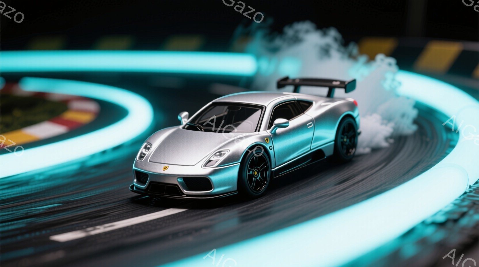 銀色のスポーツカーがレーシングトラックをドリフト走行している様子が捉えられています。背景には青色の光るトラックの縁が見え、タイヤからは白い煙が立ち上っています。スピード感と躍動感あふれる、鮮やかな光の演出が印象的な一枚です。