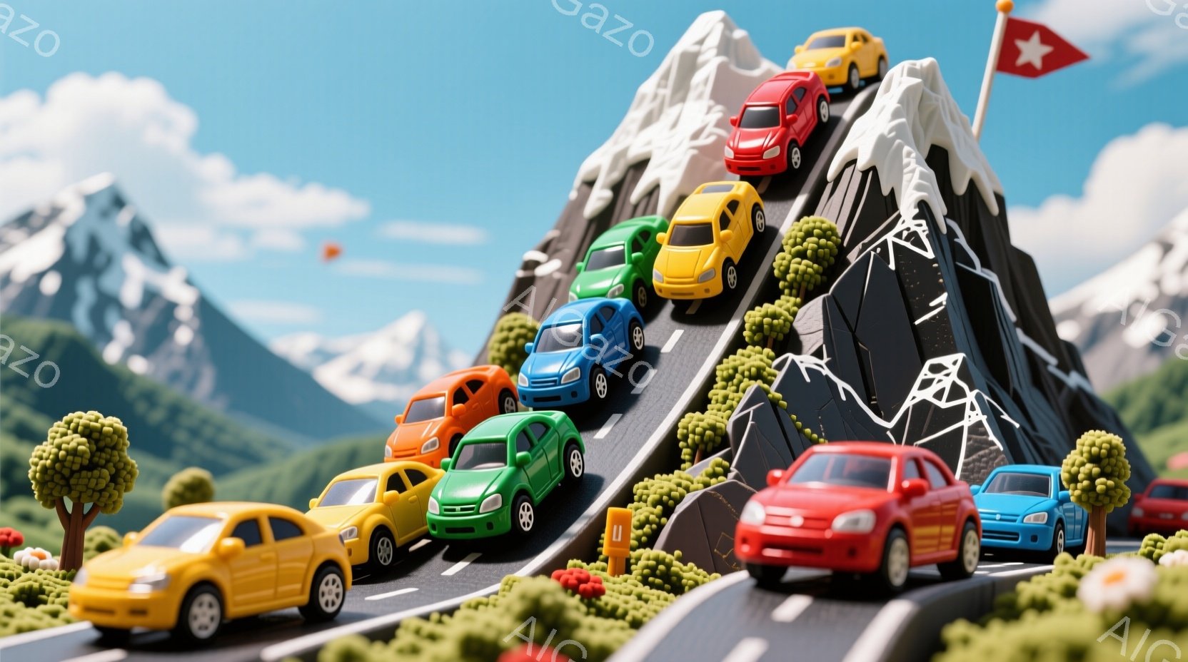 ミニチュアのジオラマで、鮮やかな色の車が山道を登っている様子が描かれています。背景には雪をかぶった山々が連なり、緑の草木が道沿いに配置され、晴天の空が広がっています。全体的に、子供向けの玩具やコレクションのような、明るく遊び心のある雰囲気が漂っています。