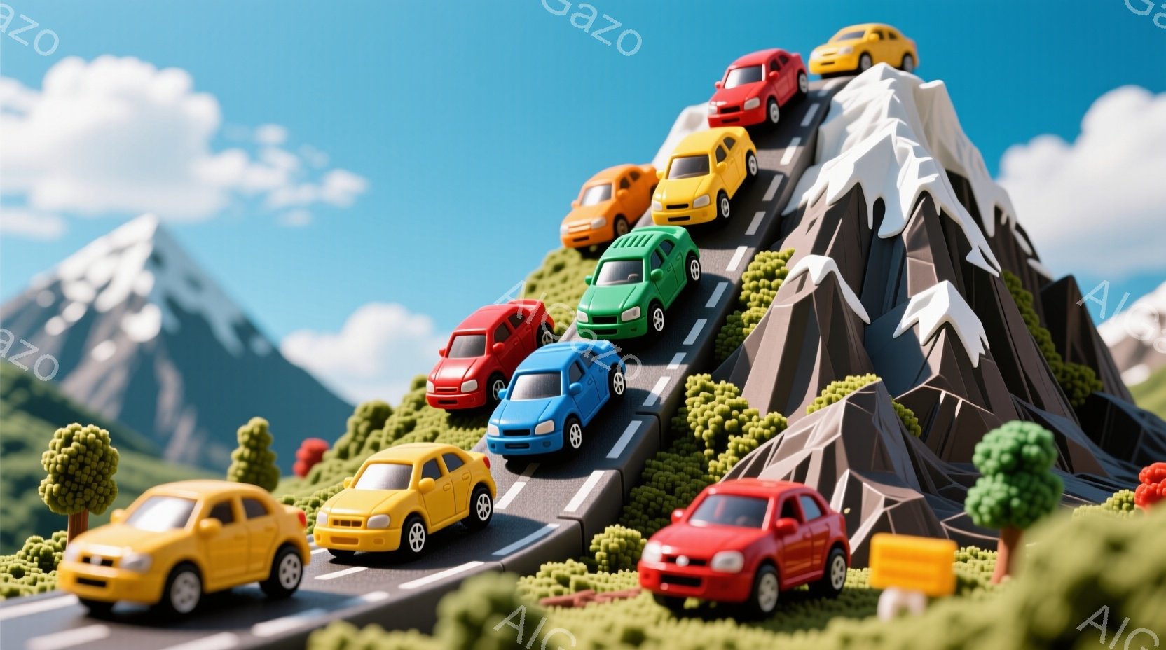 カラフルな車が、緑色の丘と幾何学的な山々を蛇行する道路を登っている様子が描かれています。背景には雪をかぶった山々がそびえ立ち、青空が広がっています。全体的に、ミニチュアのようなおもちゃの風景で、明るく陽気な雰囲気です。