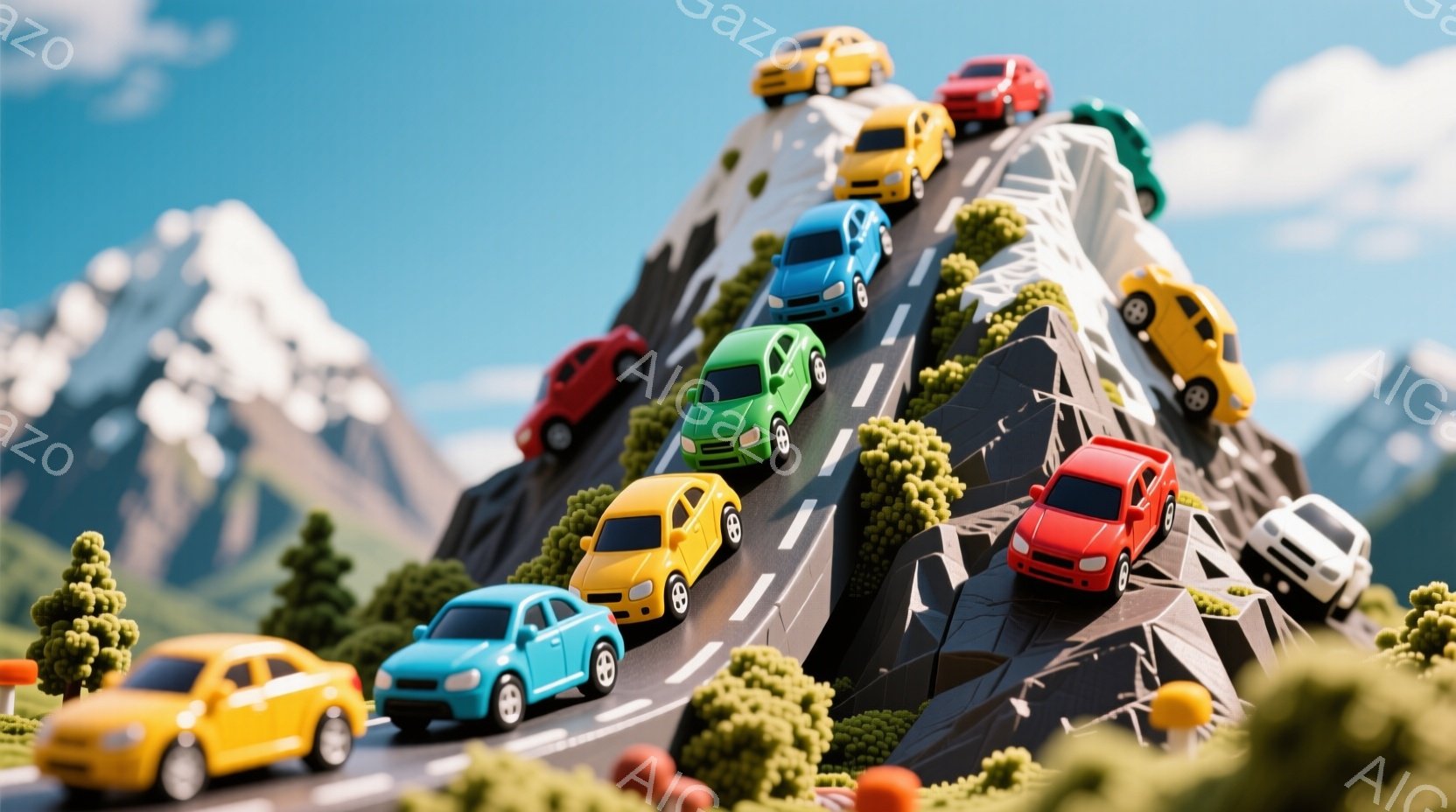 カラフルなミニカーが、幾何学的な山道を走っている様子が描かれています。背景には緑の丘と雪を抱いた山々が広がり、晴天の下、明るく楽しい雰囲気が漂っています。ミニカーの周りには、小さな木々やオレンジ色の円柱のようなオブジェクトが配置されており、まるで模型の世界に入り込んだようです。