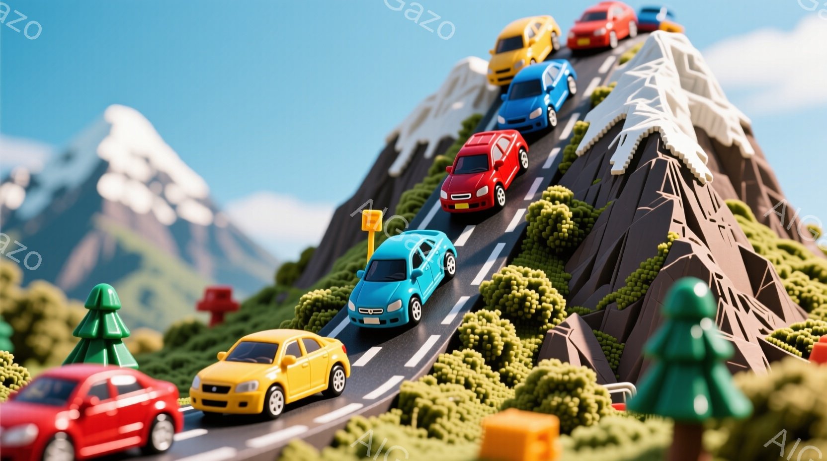カラフルな車が、緑豊かな山道を登っている様子が描かれています。背景には雪を頂いた山々が広がり、道沿いには小さな木々やカラフルなブロックが配置されています。全体的に明るく、ミニチュアのような可愛らしい雰囲気です。