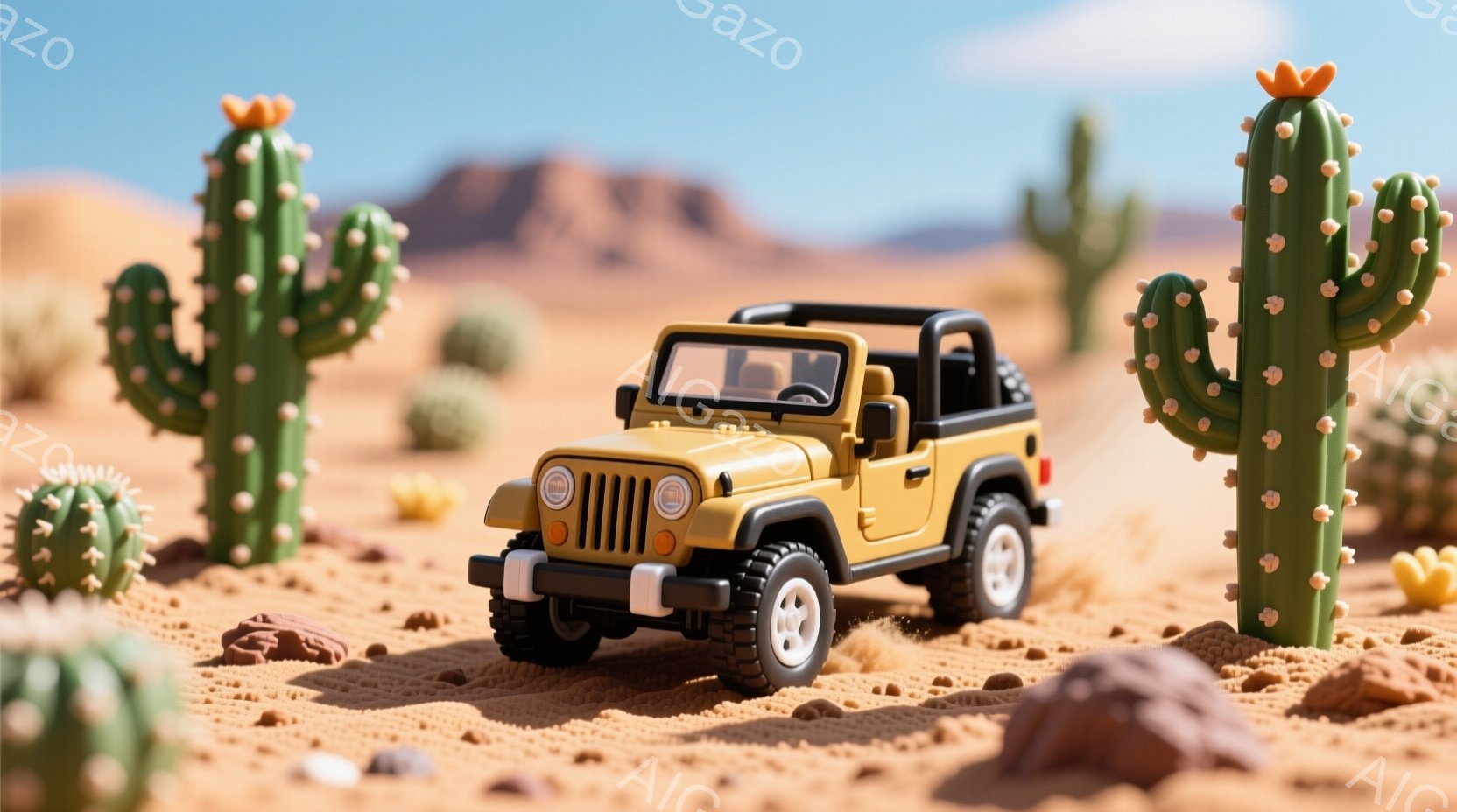 砂漠のような背景に、黄色いジープが置かれています。サボテンが複数、ジープの周りに点在しており、背景には岩山がぼんやりと見えます。全体的に暖色系の色調で、ミニチュアのような可愛らしい雰囲気が漂っています。