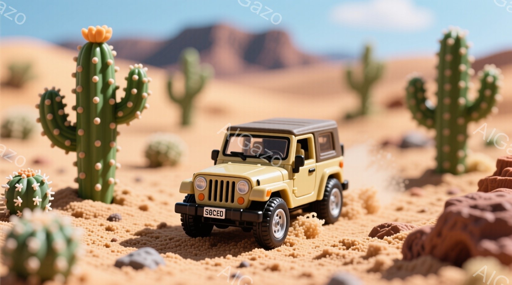 砂漠の風景の中に、黄色い小型のジープ車が写っている。背景には岩山やサボテンが点在し、乾燥した大地が広がっている。明るい日差しが差し込み、全体的に暖かく、冒険心を感じさせる雰囲気である。
