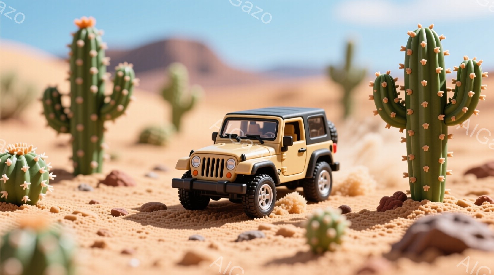 砂漠のような茶色の地形に、ミニチュアの黄色いジープ車が写っています。背景には岩山がぼんやりと見え、サボテンが点在し、乾燥した荒野の雰囲気を醸し出しています。ミニチュアの岩や砂が地面に散らばり、模型のような可愛らしい風景を作り出しています。