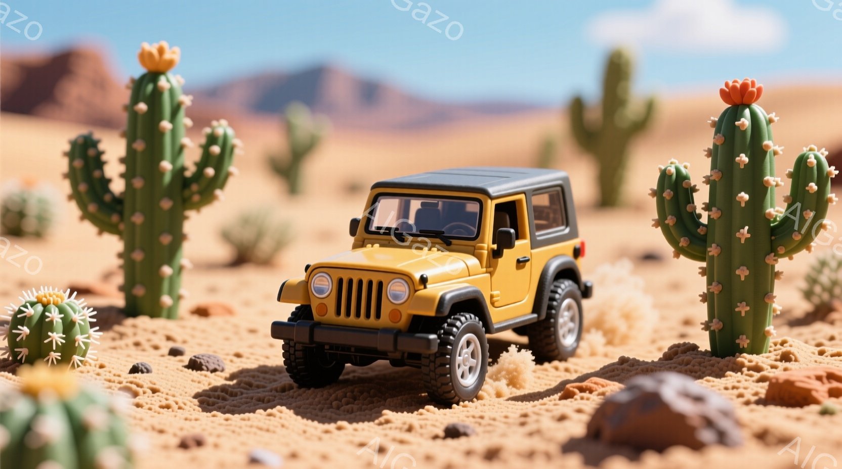 鮮やかな黄色の小型ジープが、砂漠のような茶色の地面に立っている。周囲にはサボテンが点在し、背景には茶色の山々が広がっている。全体的に晴天で、乾燥した砂漠の風景が表現されている。