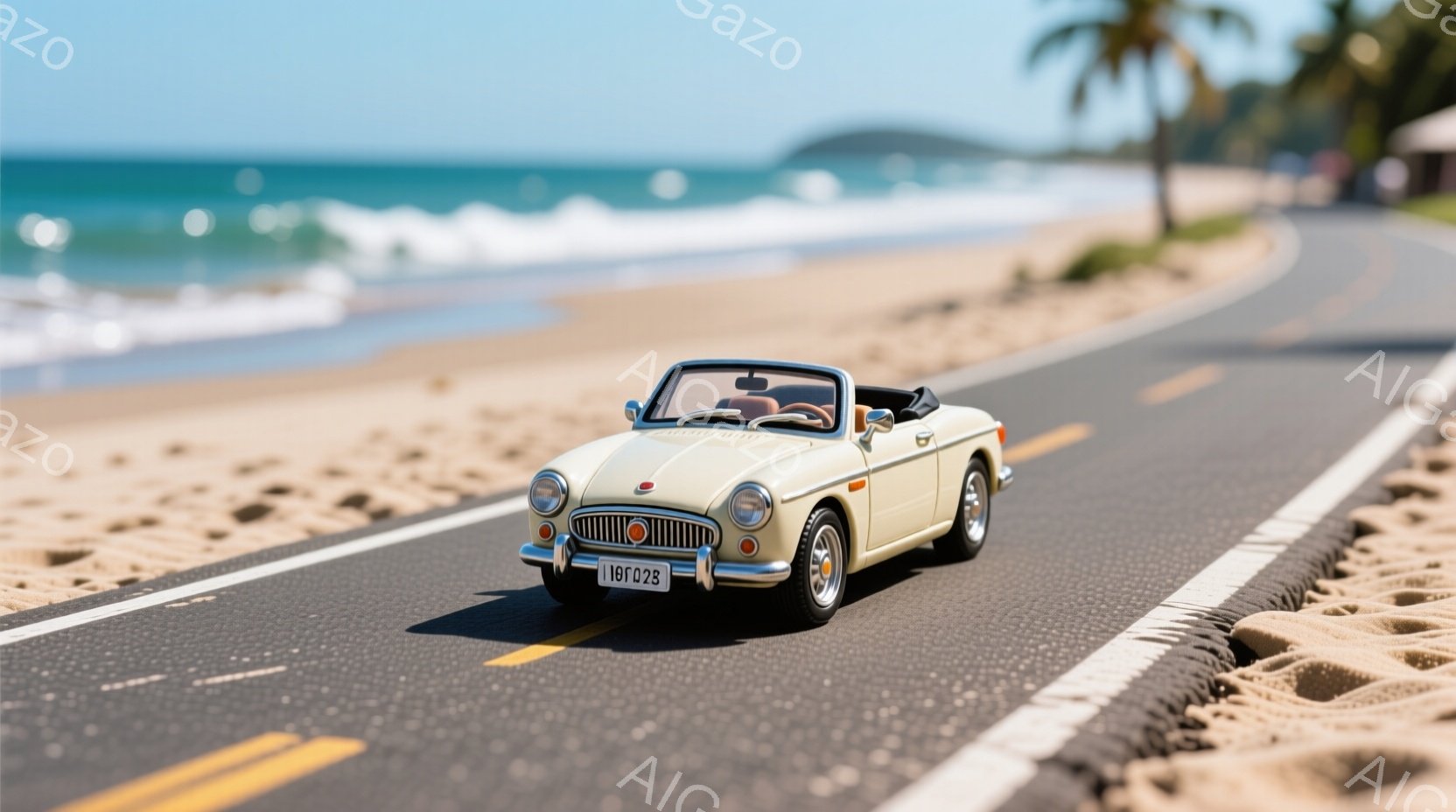 古いクリーム色のオープンカーが、砂浜に隣接した道路を走っている様子が捉えられています。道路の脇には白い砂浜が広がり、遠くには青い海と緑豊かな山々が見えます。晴れた日差しが車体を照らし、リラックスした穏 - AI生成フリー素材