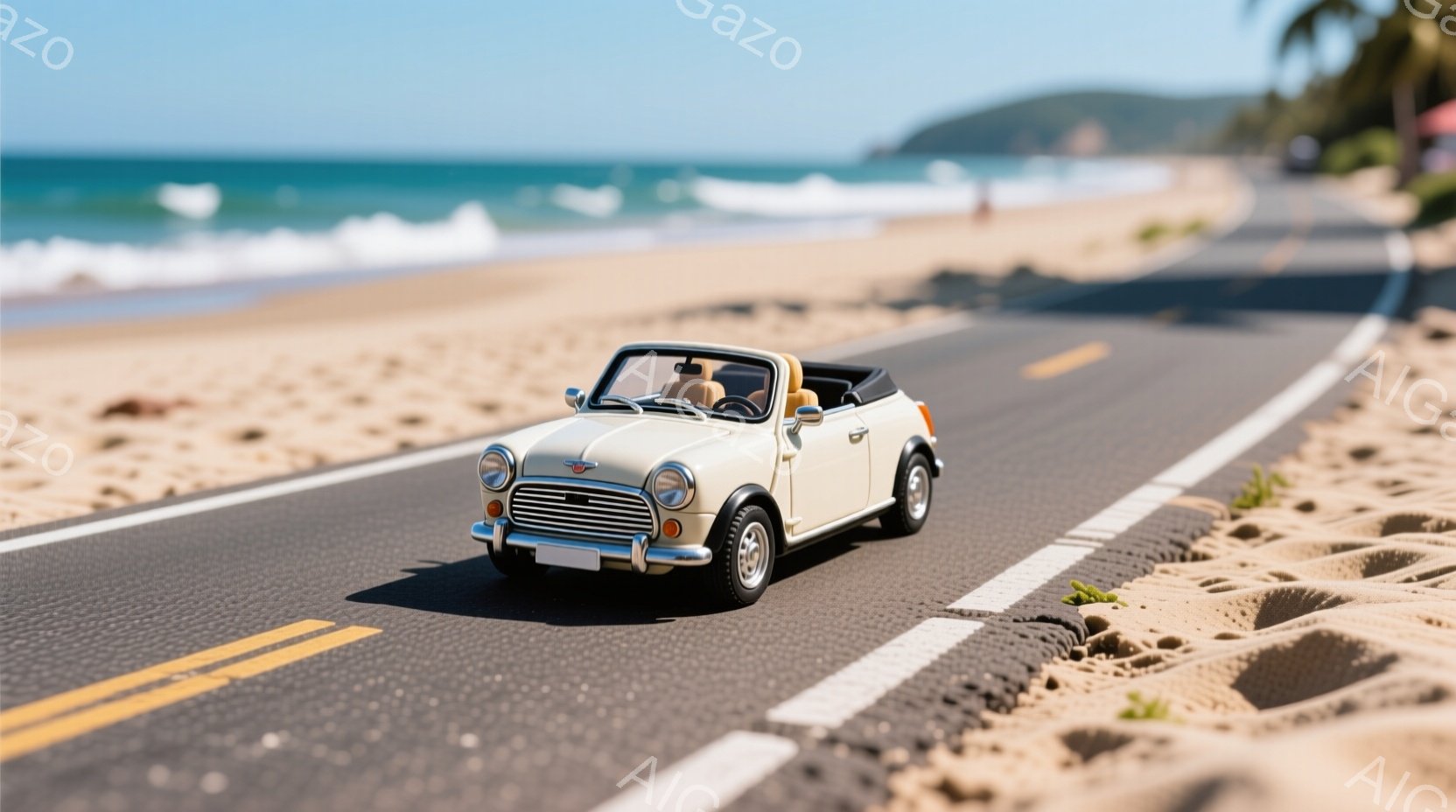 クリーム色のミニクーパーが砂浜沿いの道路を走っている様子が写っている。背景には青い海と緑の丘が見え、晴天で穏やかな雰囲気が漂っている。道路の横には砂の堆積があり、まるでジオラマのような可愛らしい光景だ。