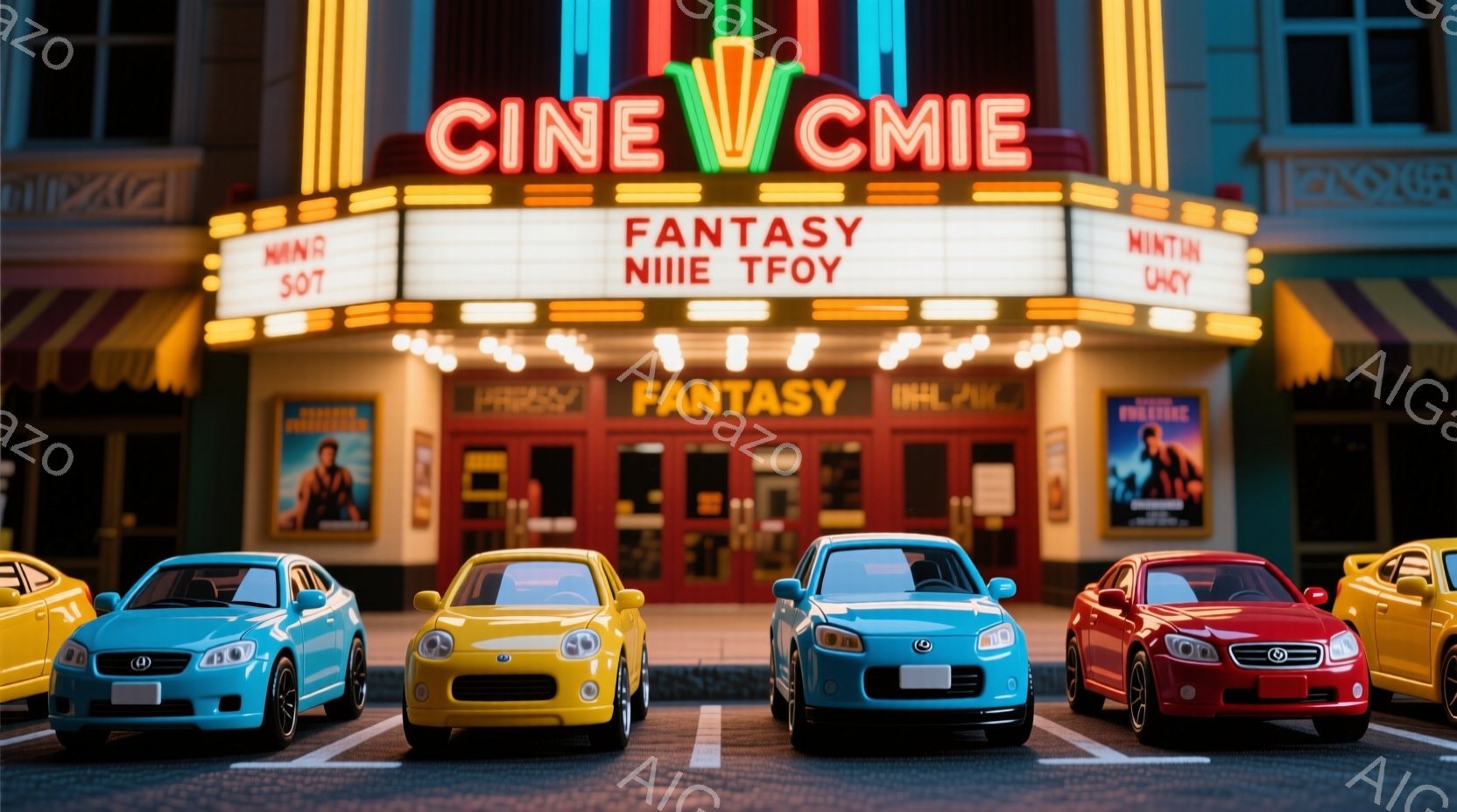 映画館の前にカラフルな車が整列しています。ポスターには映画のタイトルと人物が描かれており、明るい日差しの中で活気ある雰囲気が感じられます。建物は鮮やかな色で装飾されており、レトロな映画館の雰囲気を醸し - AI生成フリー素材