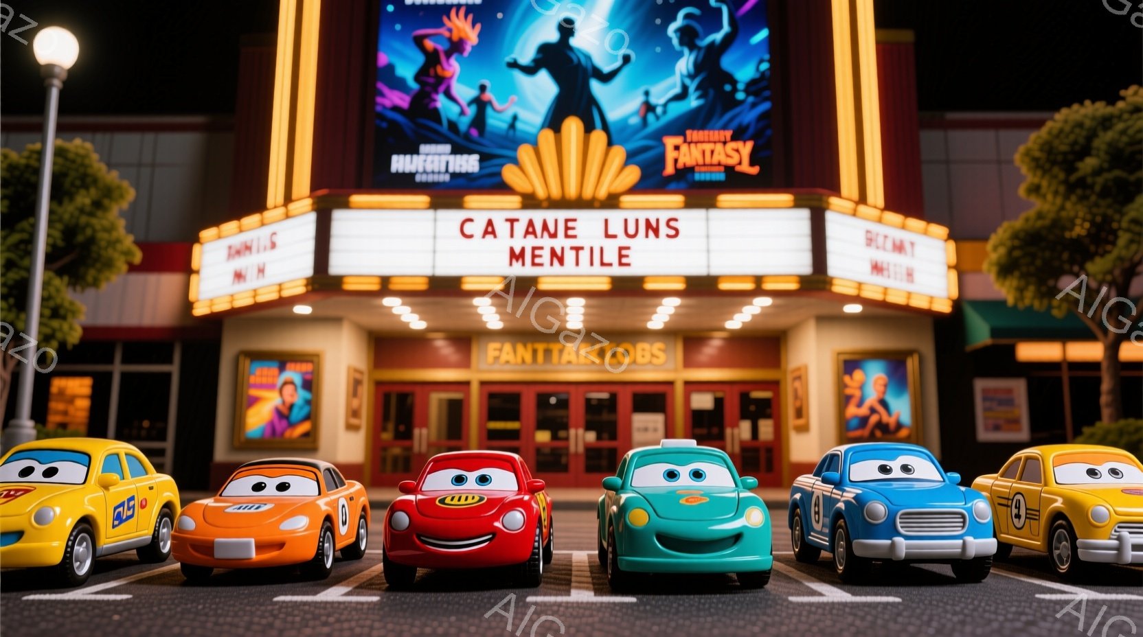 映画館の前に、カラフルな車たちが一列に並んでいます。映画館は「ファンタジー」と書かれた看板があり、ポスターには踊る男女が描かれています。背景には木々や街灯が見え、夜の穏やかな雰囲気が漂っています。