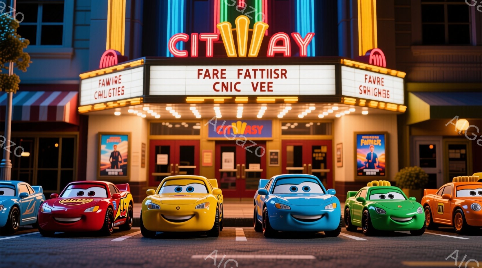 CGI（コンピューターグラフィックス）アニメーションで作られたものです。中央にある映画館は「Citway」という名前がついています。このショーのポスターには、人気のキャラクターたちが載っており、それぞれの色である赤、黄、緑、青、オレンジが反射されています。背景の建物は映画館で、夜空には暗いスカイが見られます。このアニメーション作品は、「Cars」という名前の映画シリーズから取り外したような雰囲気で、彩色されたキャラクターたちが喜んで観客に向けてスマイルを見せます。