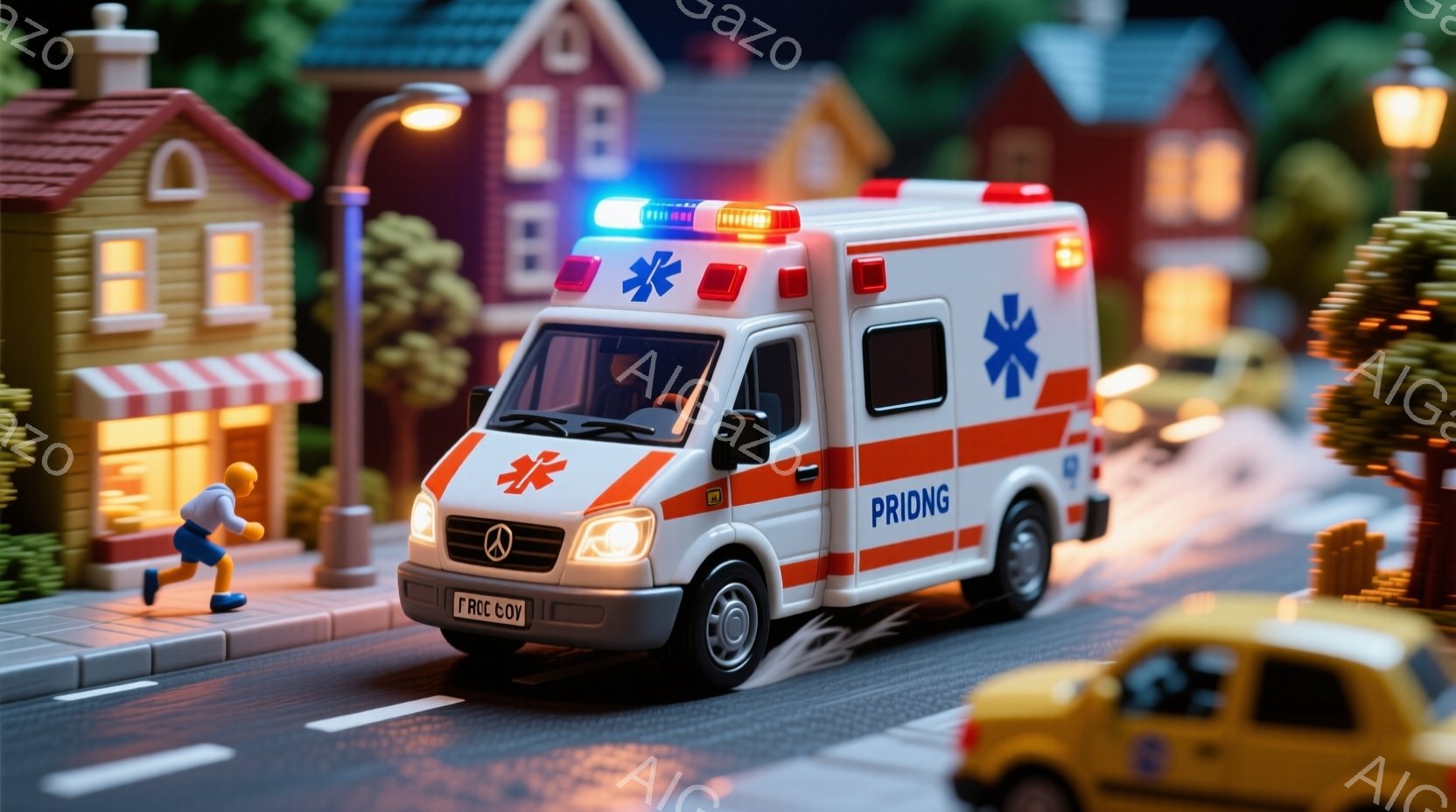 白とオレンジ色の救急車が、夜の街路を疾走している様子が描かれている。路地には、小さな人物が走り、背景には小さな建物や街灯が並び、暖色系の光が灯っている。全体的に、緊急事態の緊迫感と、夜の街の落ち着いた雰囲気が混ざり合った、ミニチュアのような世界観が印象的である。