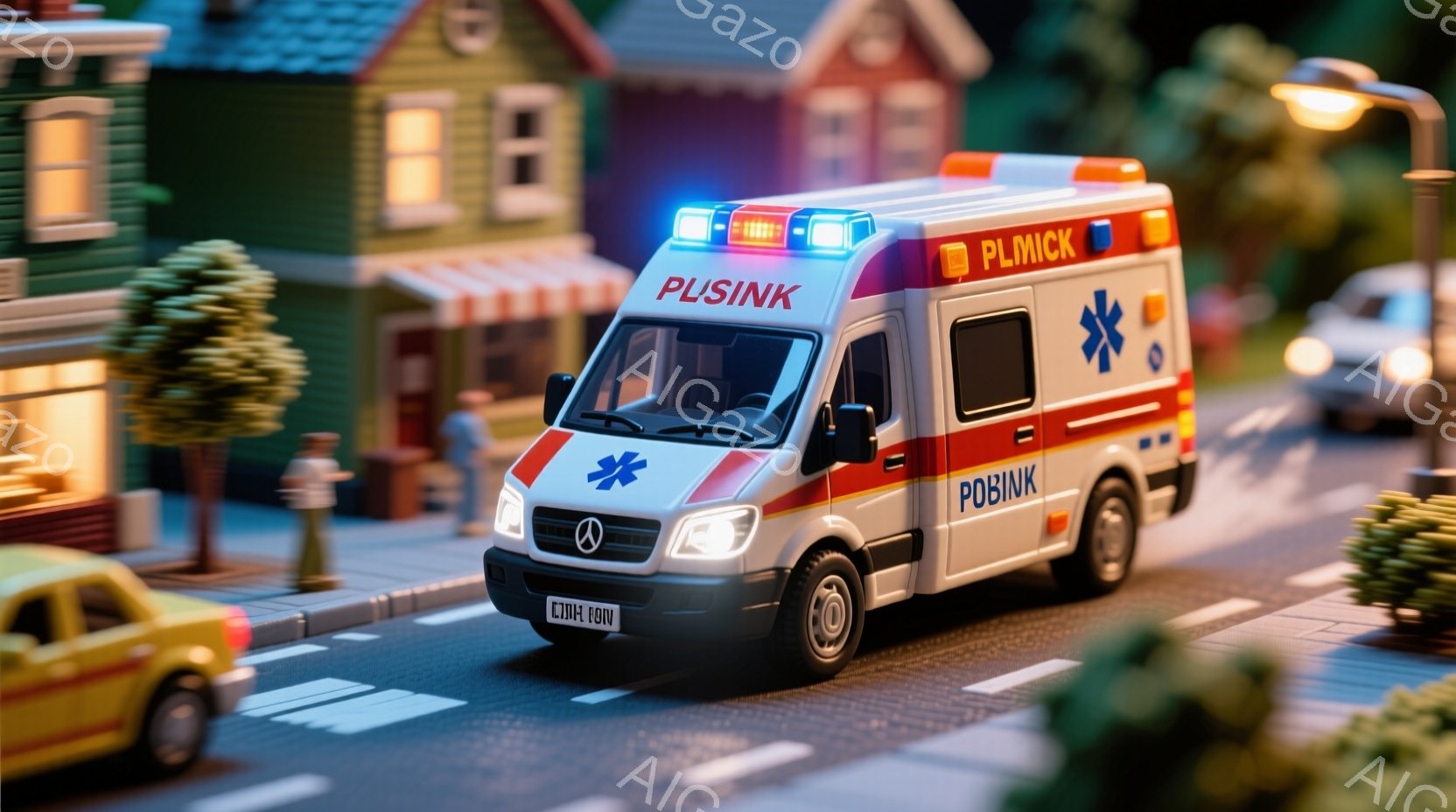 白い救急車が道路を走行しており、屋根には赤いラインが入り、側面に青い十字マークが描かれています。背景には、夜にライトアップされた住宅や木々が見え、街の様子がうかがえます。全体的に、夜間の緊急対応を予感させる、緊迫感のある雰囲気です。