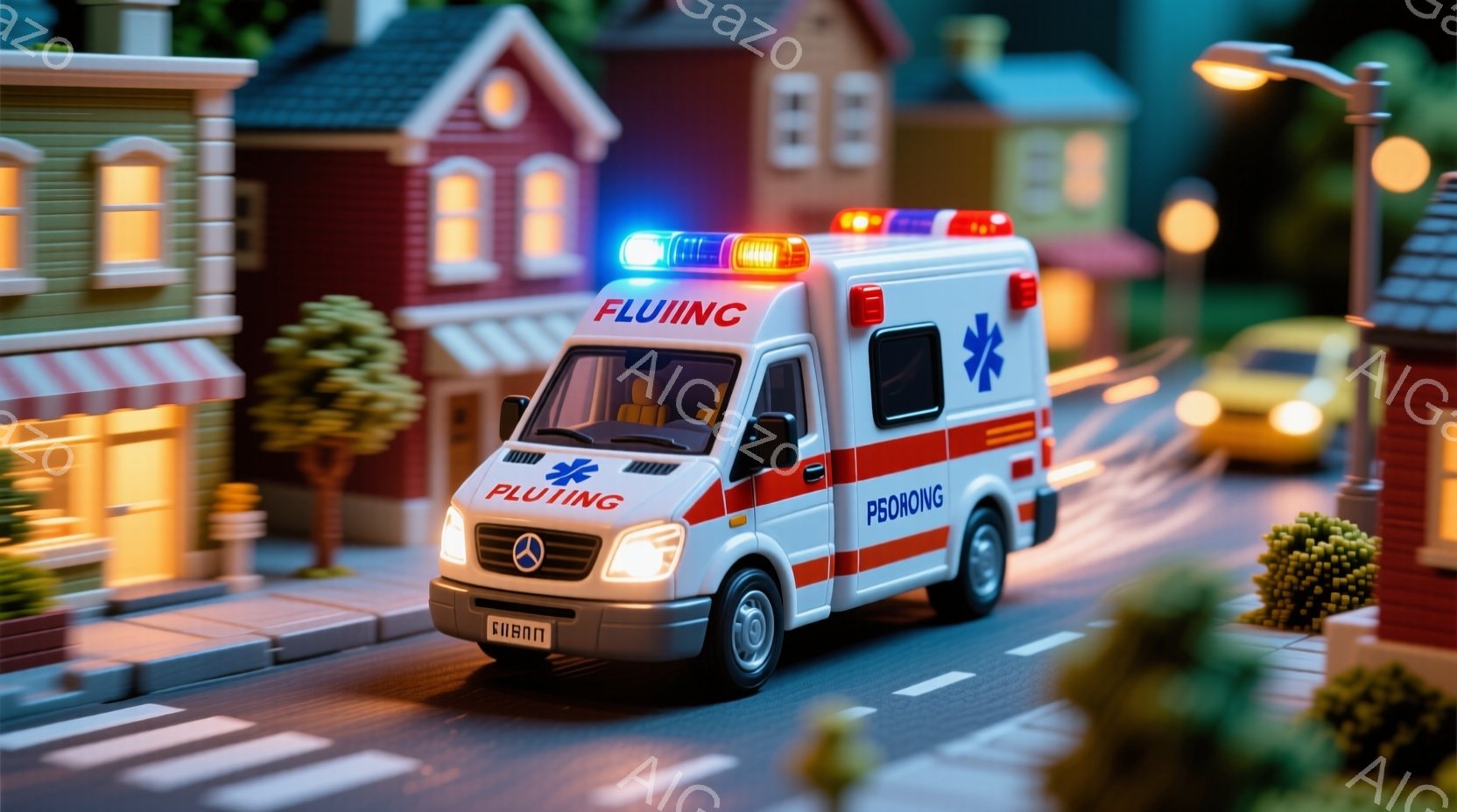 白と赤の救急車が、街並みを背景に道路を走行している様子が捉えられています。建物はカラフルで、夜の暖色系の照明が灯っており、救急車の赤いラインが際立っています。全体的に、緊急事態が発生しているかのような緊迫感と、夜の街の静けさが混ざり合った雰囲気です。