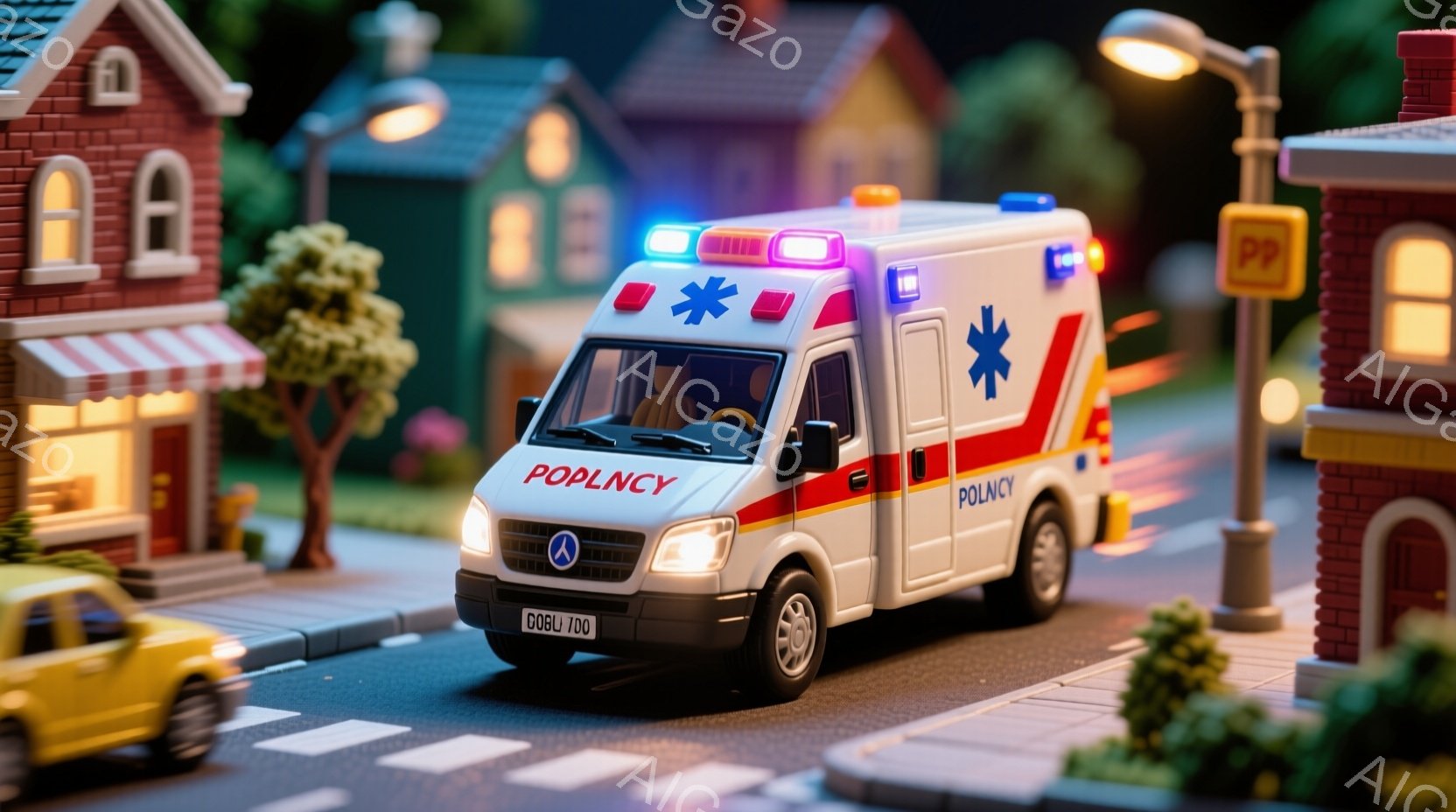 白い救急車が街の道路を走行しており、赤と青の警告灯が点滅しています。周囲には小さな建物や街路樹が見られ、夜間の街並みを思わせる光景です。道路には横断歩道があり、背景にはぼやけた車両が確認できます。